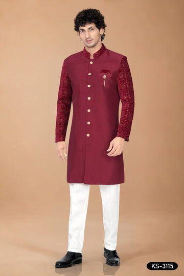 Maroon Silk Indo-Western Set with Designer Sleeves