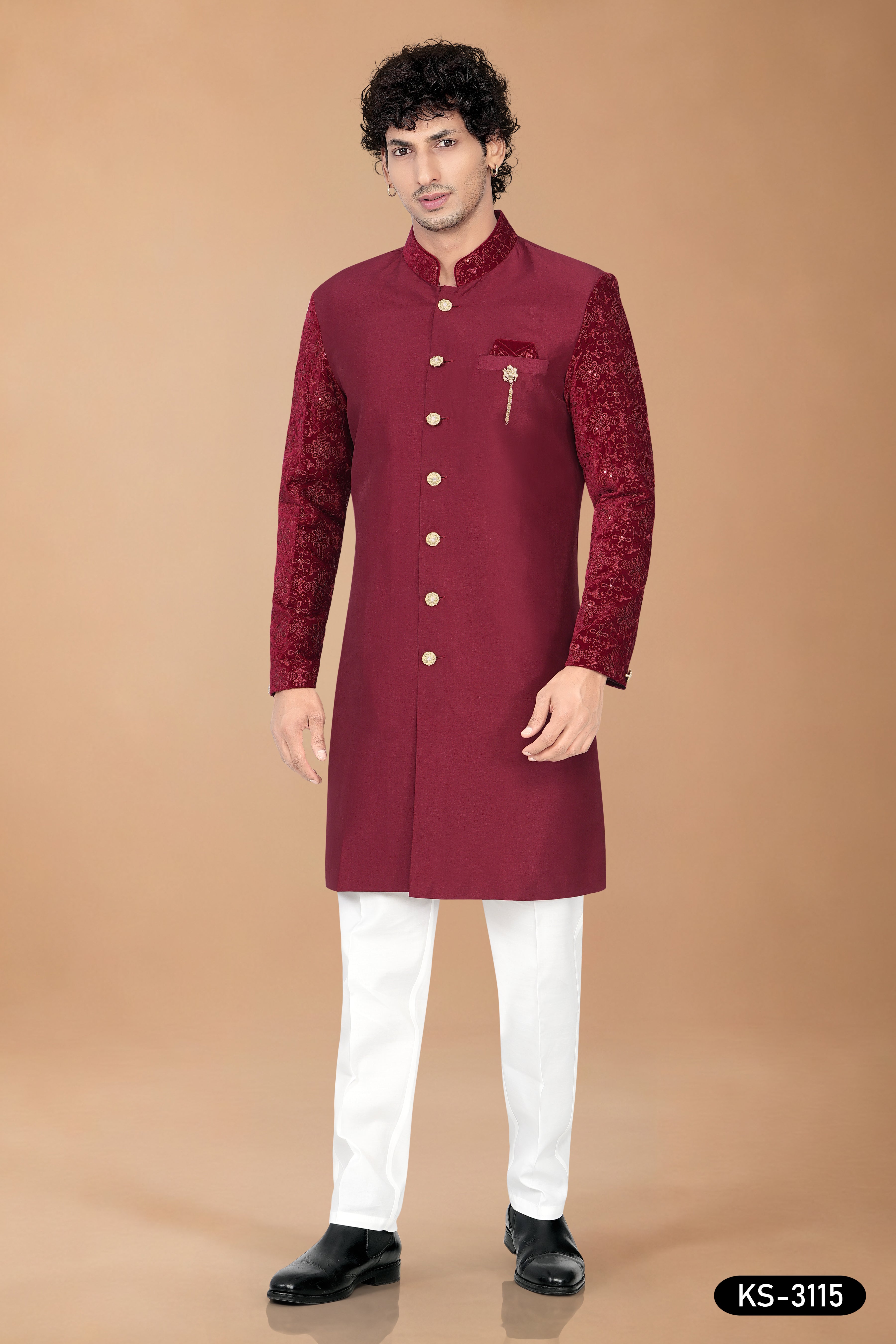 Maroon Silk Indo-Western Set with Designer Sleeves