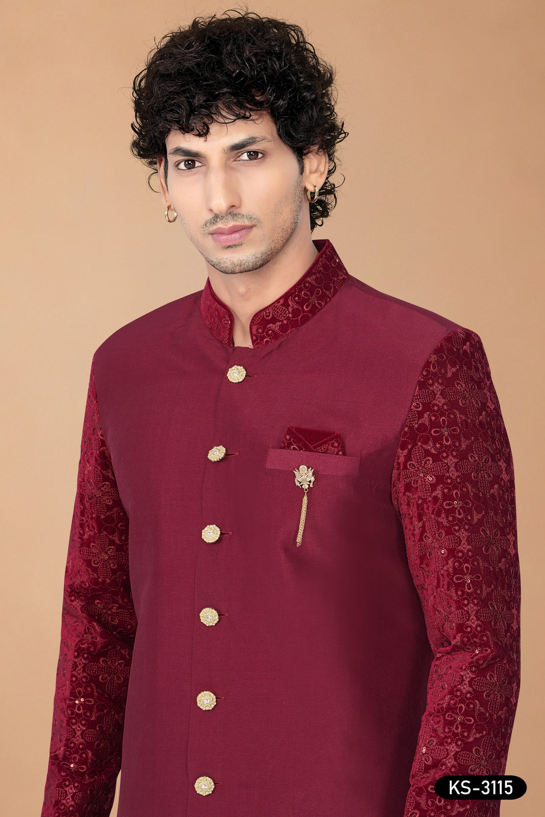 Maroon Silk Indo-Western Set with Designer Sleeves