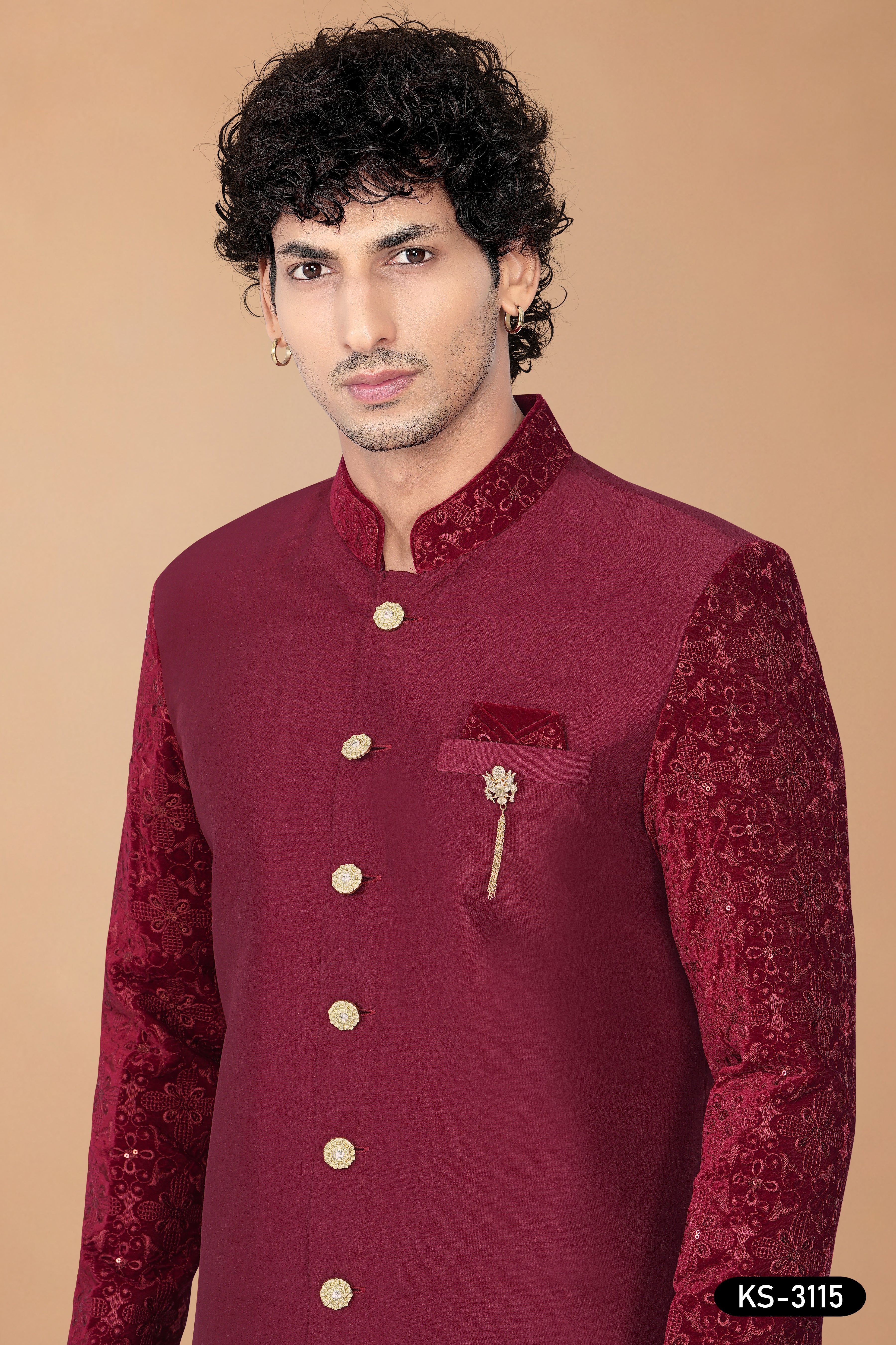Maroon Silk Indo-Western Set with Designer Sleeves