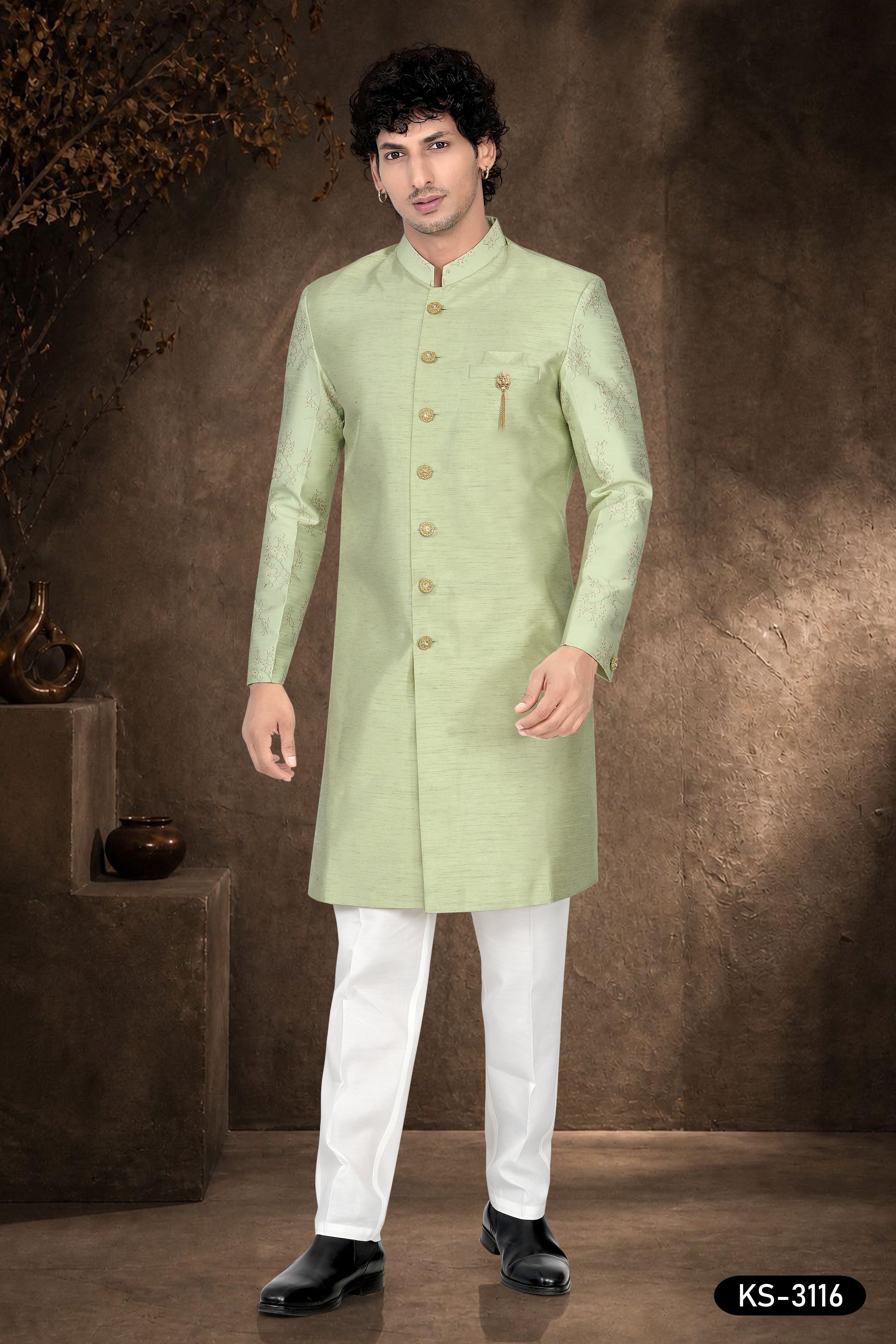 Green Silk Indo-Western Set with Designer Sleeves