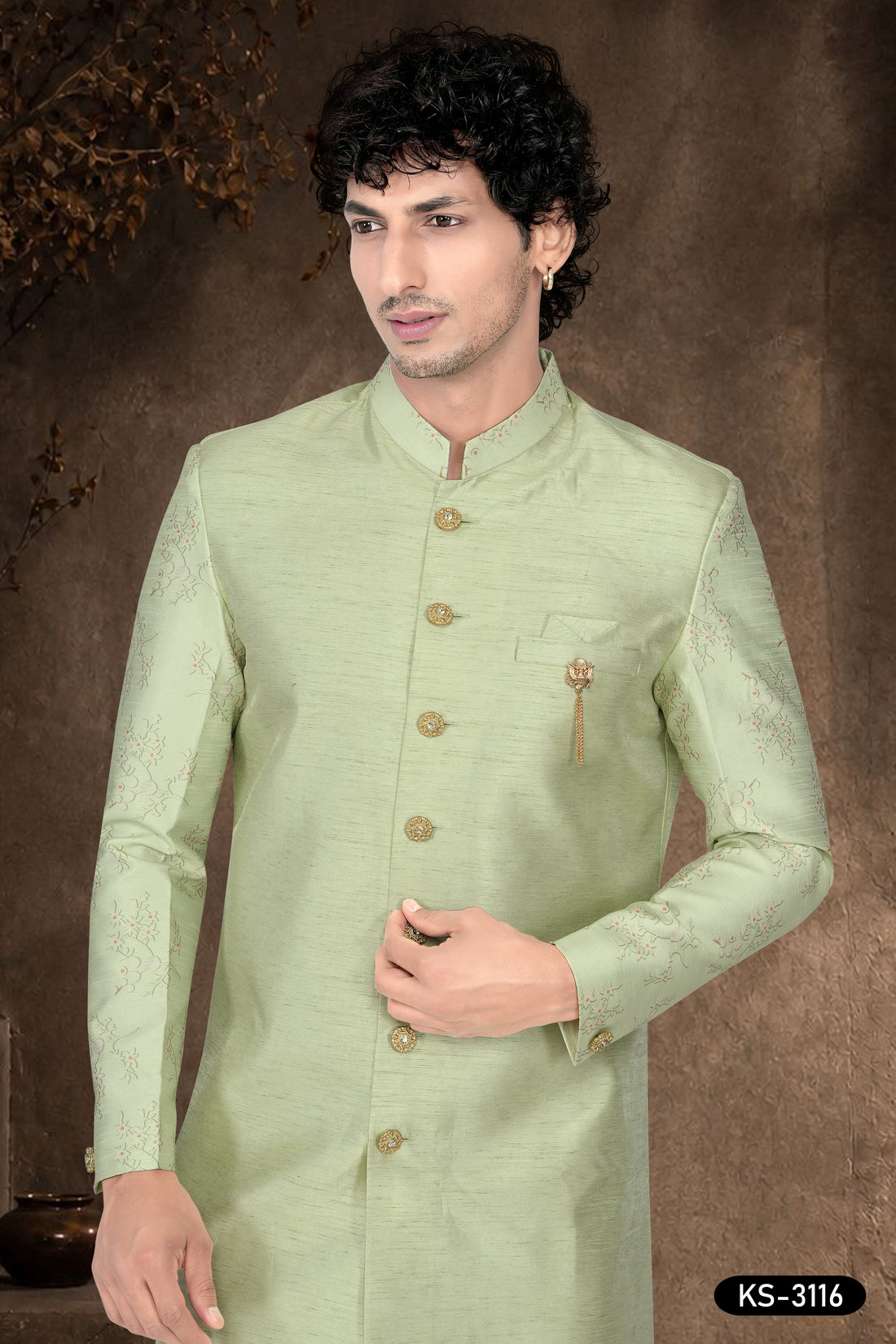 Green Silk Indo-Western Set with Designer Sleeves