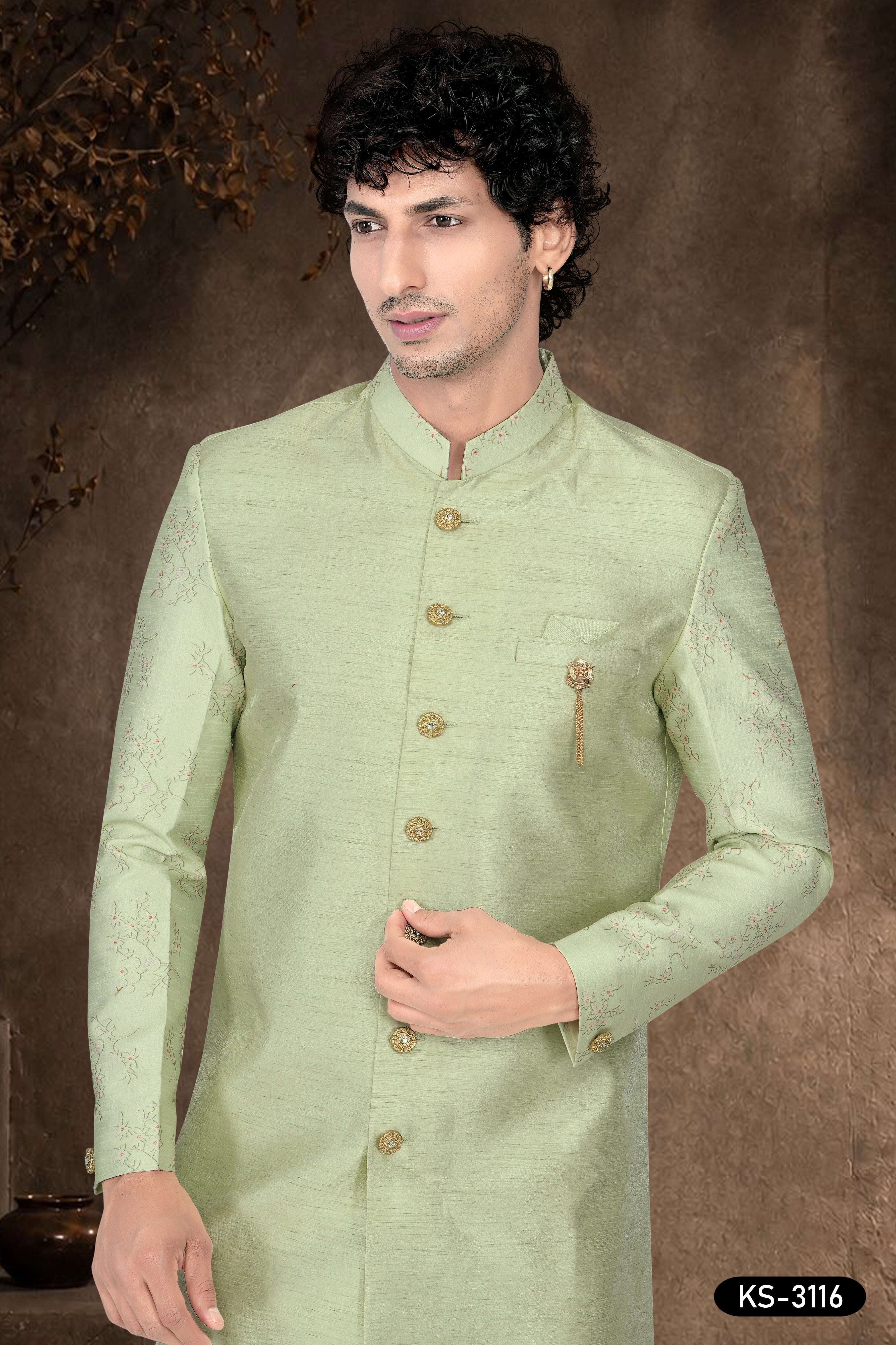 Green Silk Indo-Western Set with Designer Sleeves