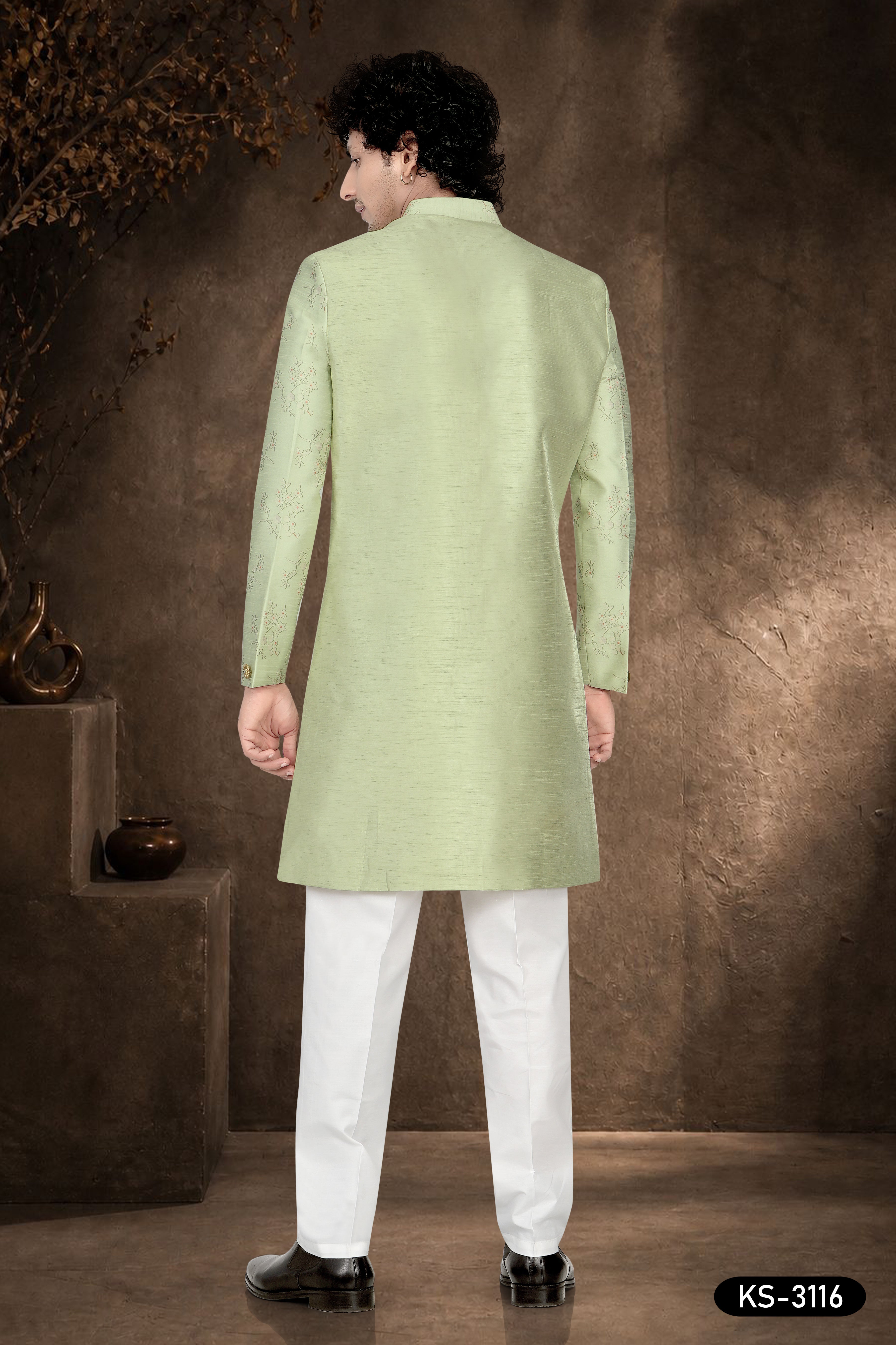 Green Silk Indo-Western Set with Designer Sleeves