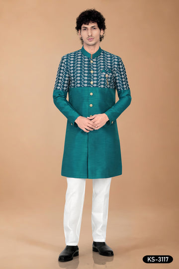 Teal-Blue Silk Indo-Western Kurta Set with Designer Sleeves