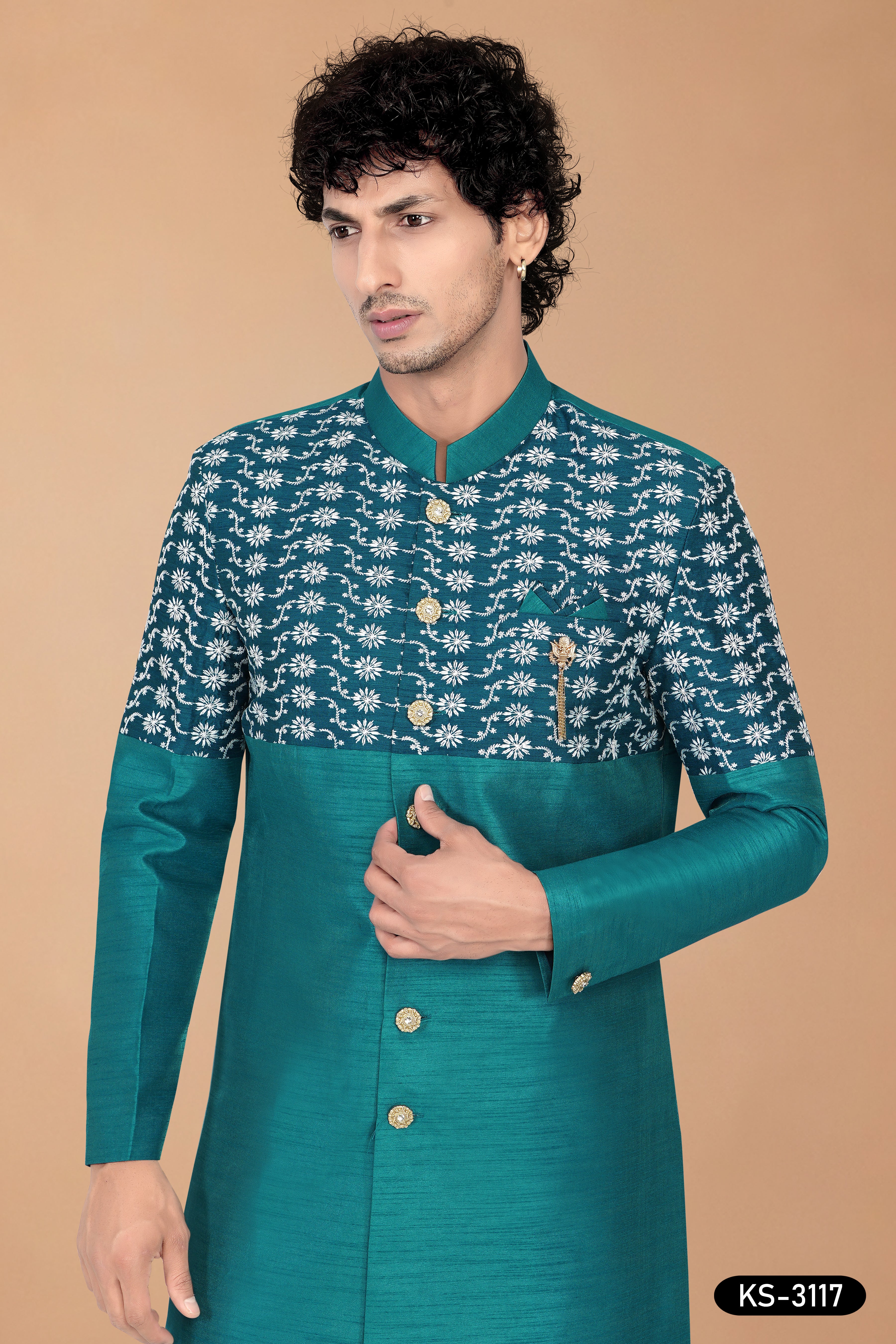Teal-Blue Silk Indo-Western Kurta Set with Designer Sleeves