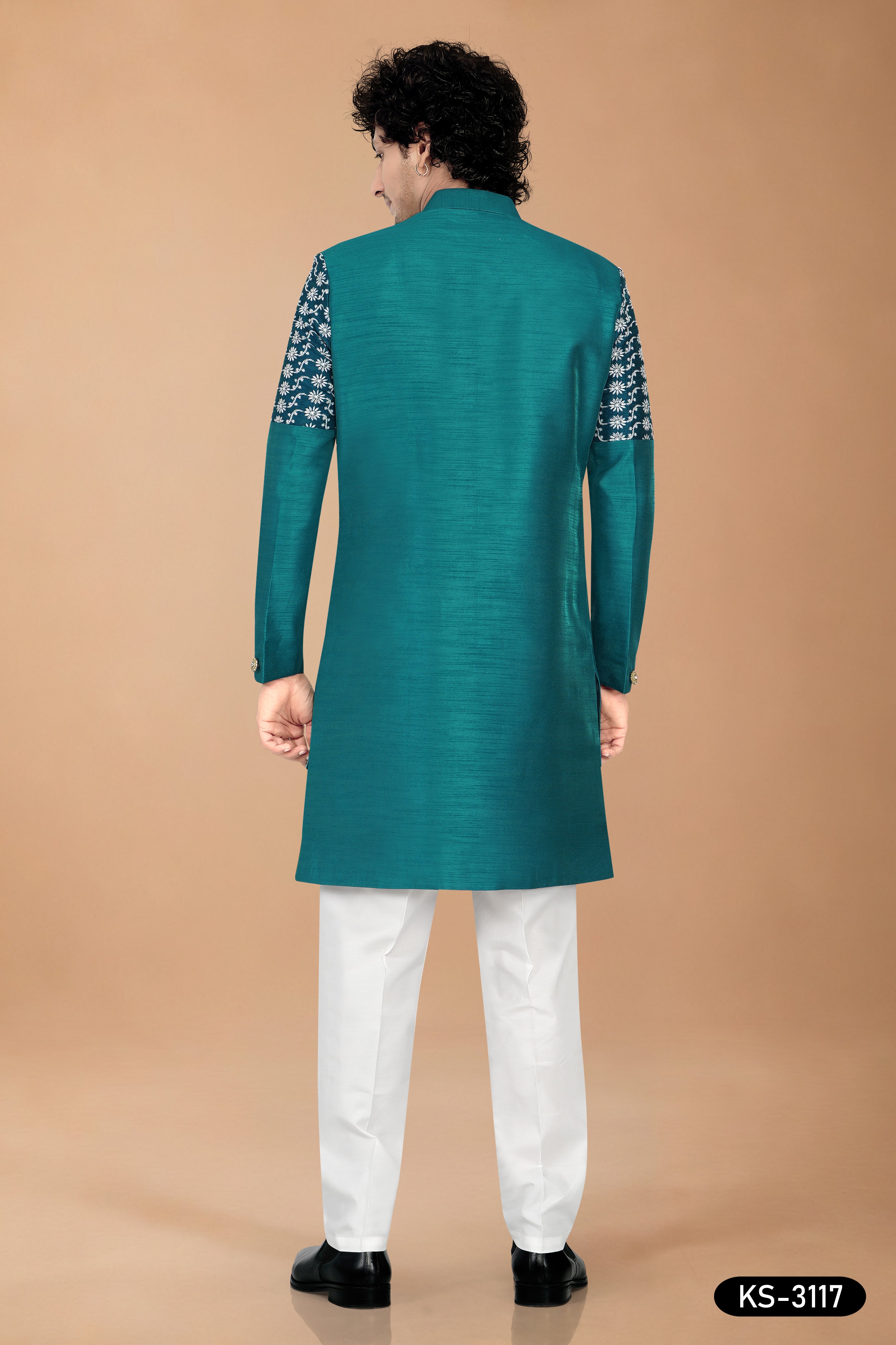 Teal-Blue Silk Indo-Western Kurta Set with Designer Sleeves