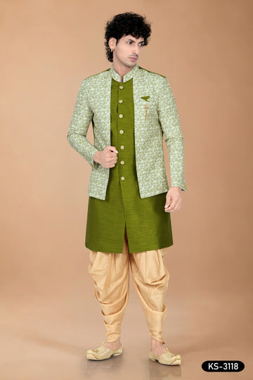 Green Silk Indo-Western Kurta Set with Attached Designer Jacket