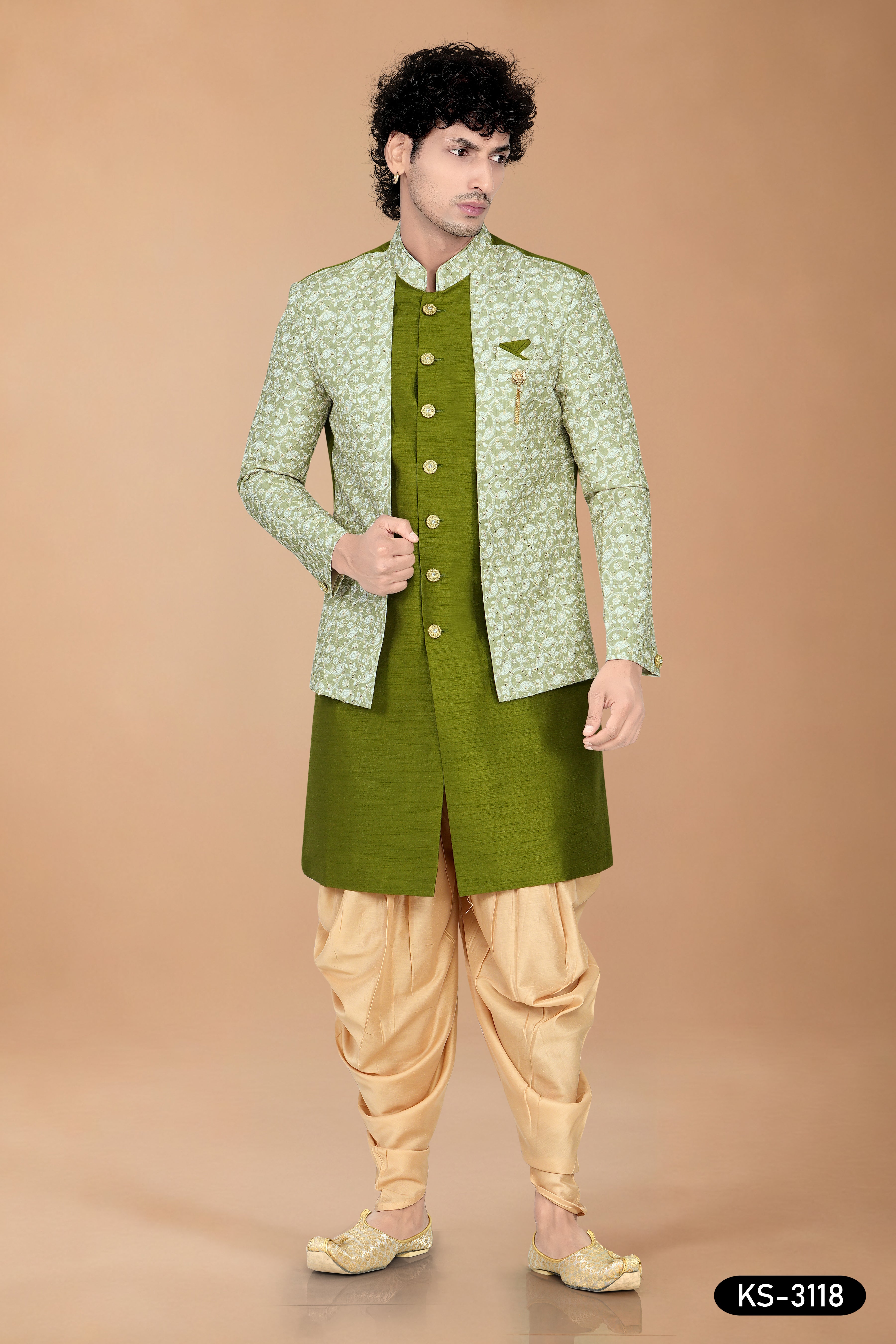 Green Silk Indo-Western Kurta Set with Attached Designer Jacket