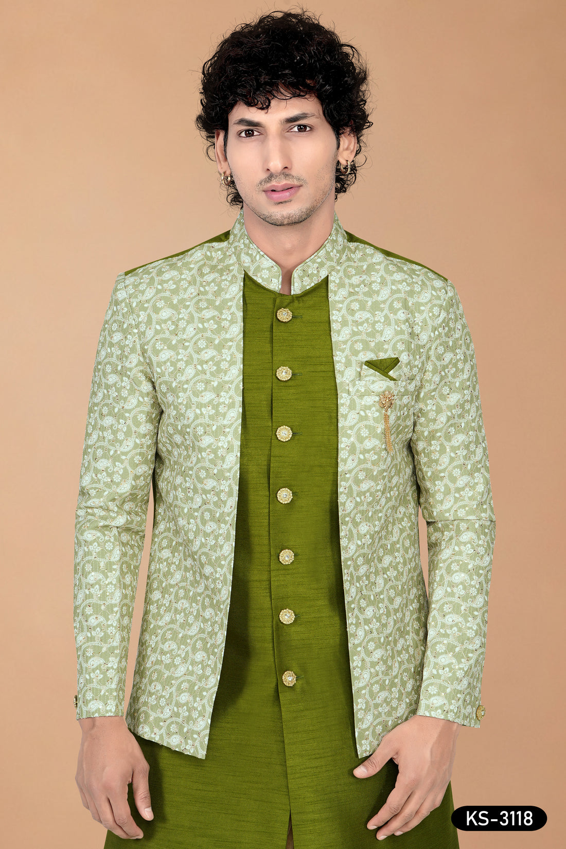 Green Silk Indo-Western Kurta Set with Attached Designer Jacket
