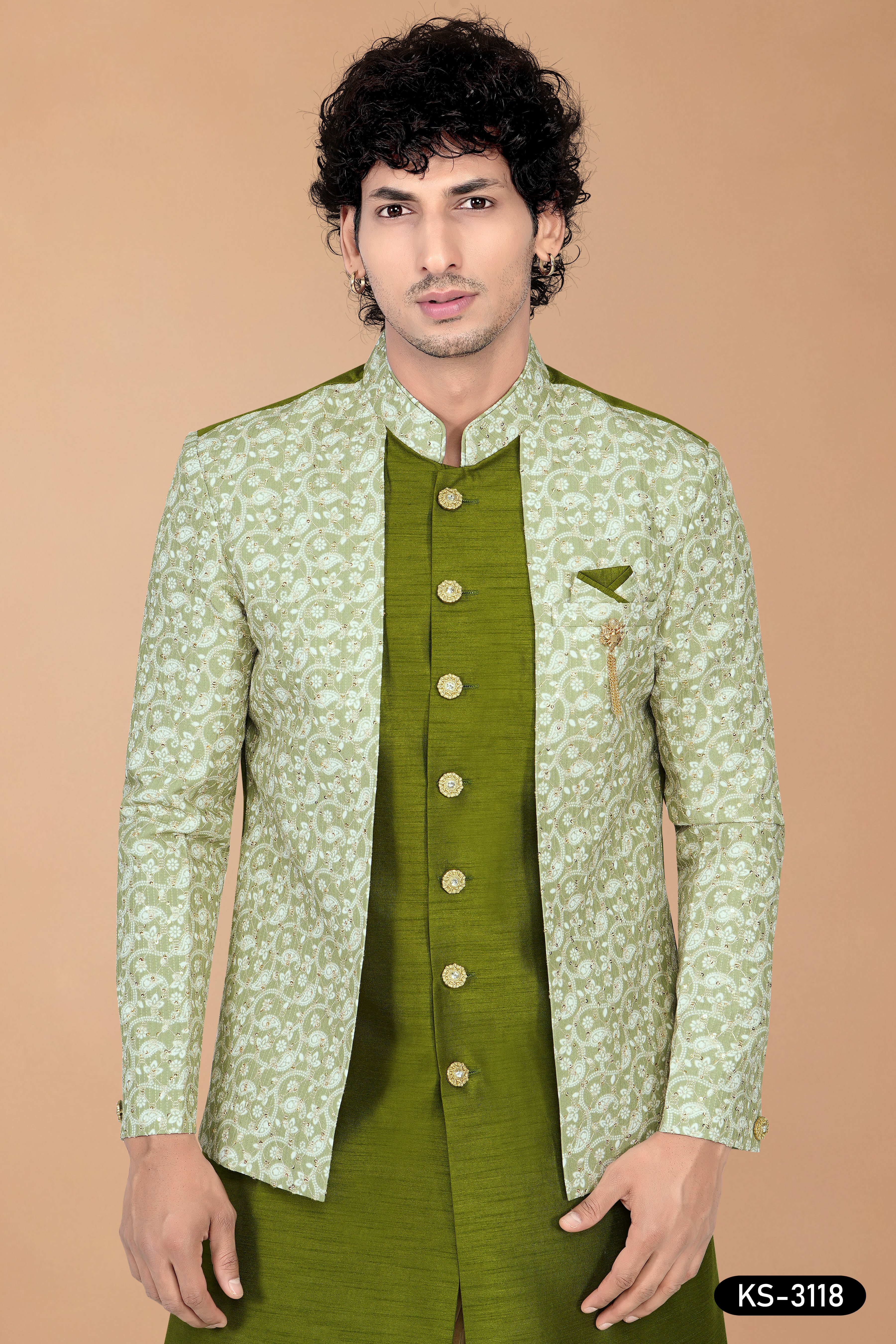 Green Silk Indo-Western Kurta Set with Attached Designer Jacket