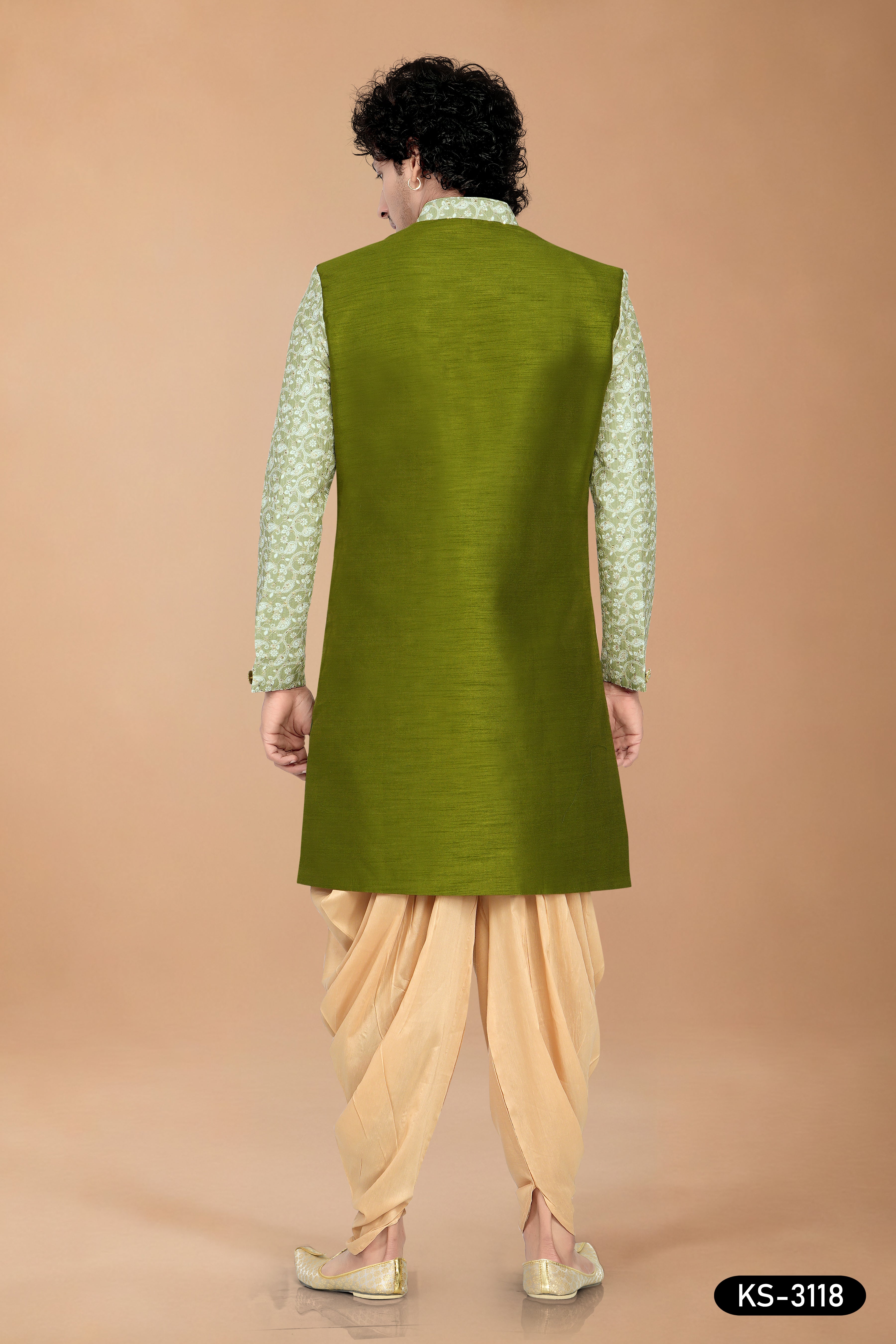 Green Silk Indo-Western Kurta Set with Attached Designer Jacket