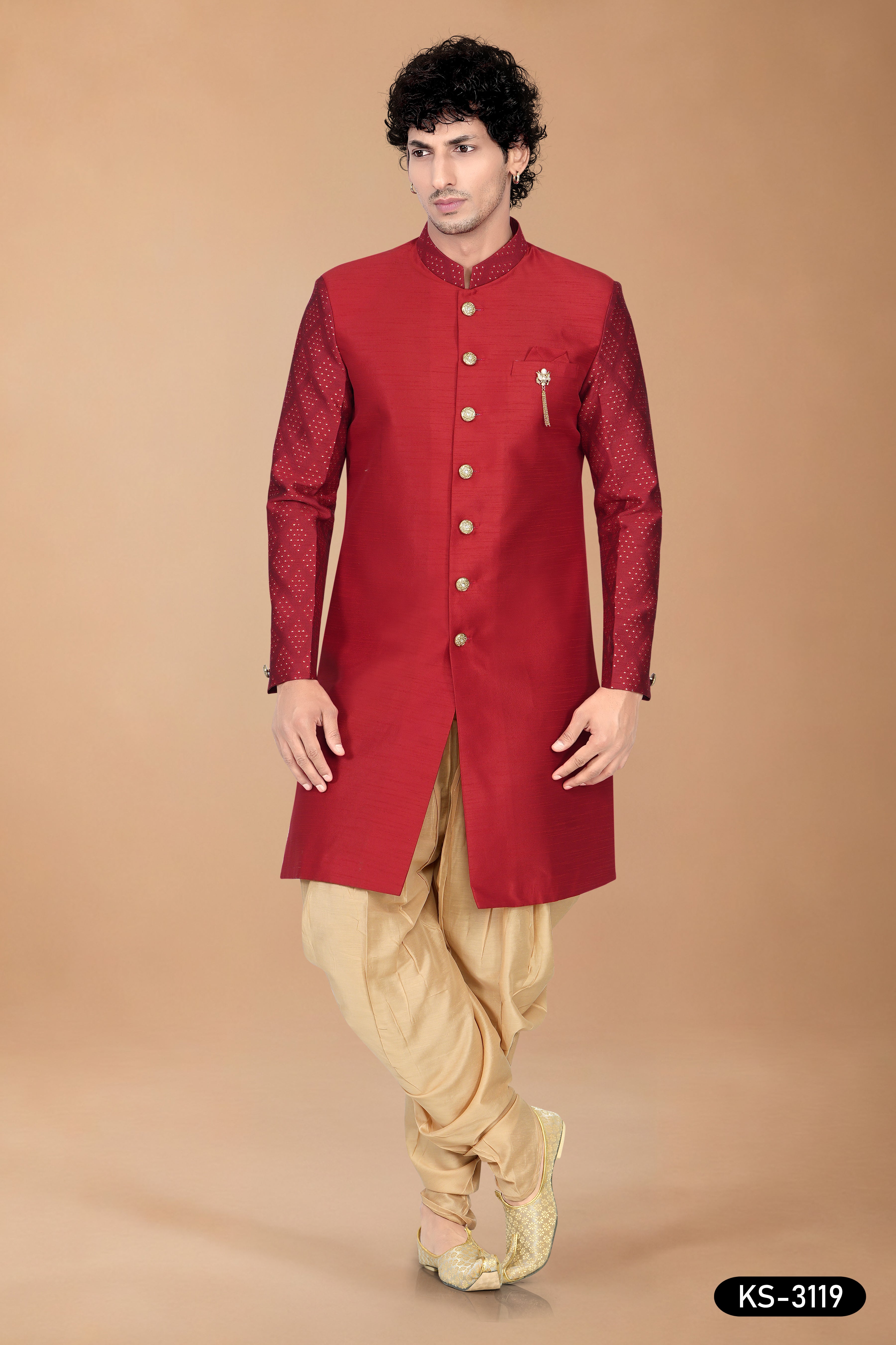 Red Silk Indo-Western Set with Designer Sleeves