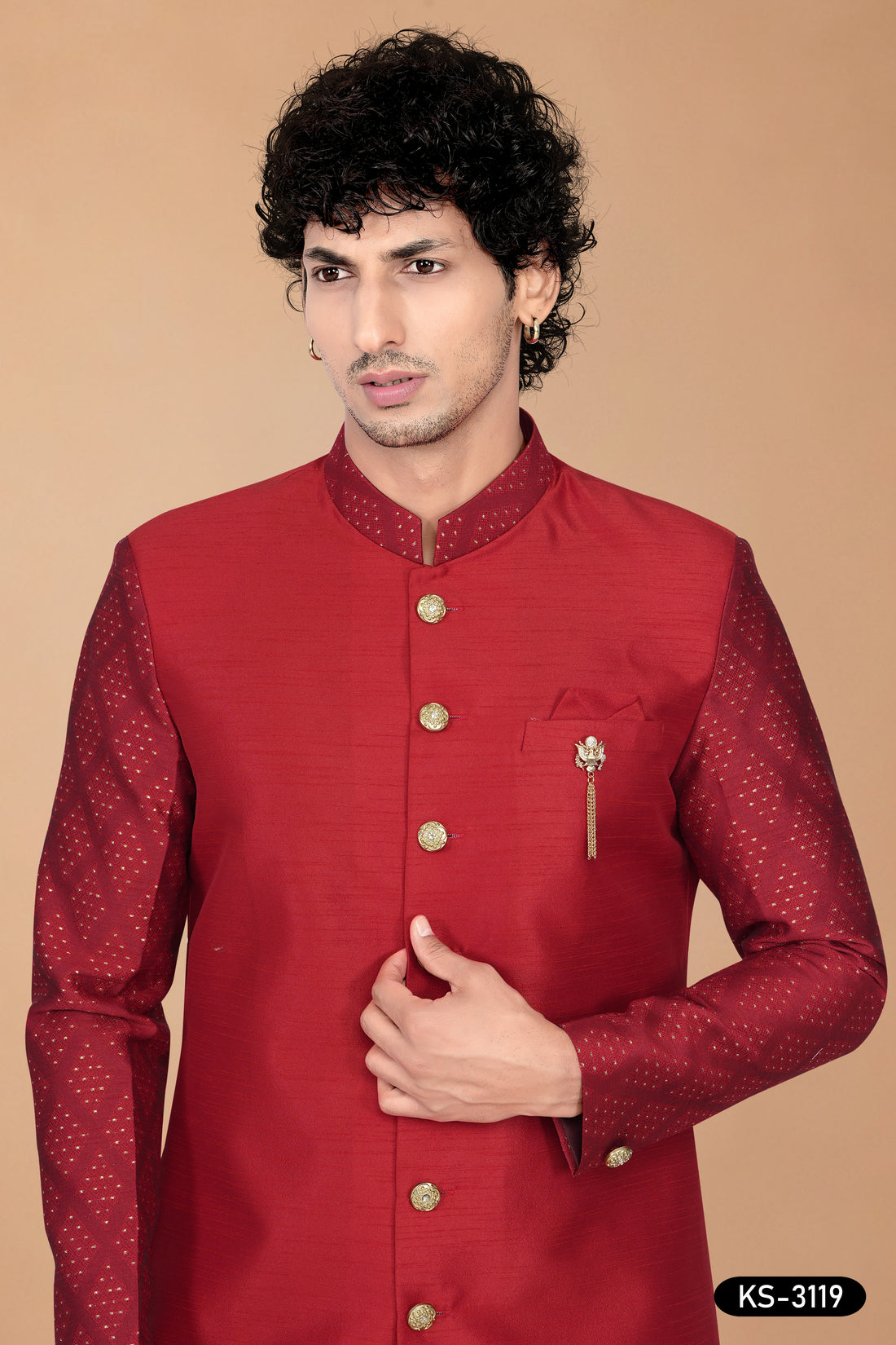 Red Silk Indo-Western Set with Designer Sleeves