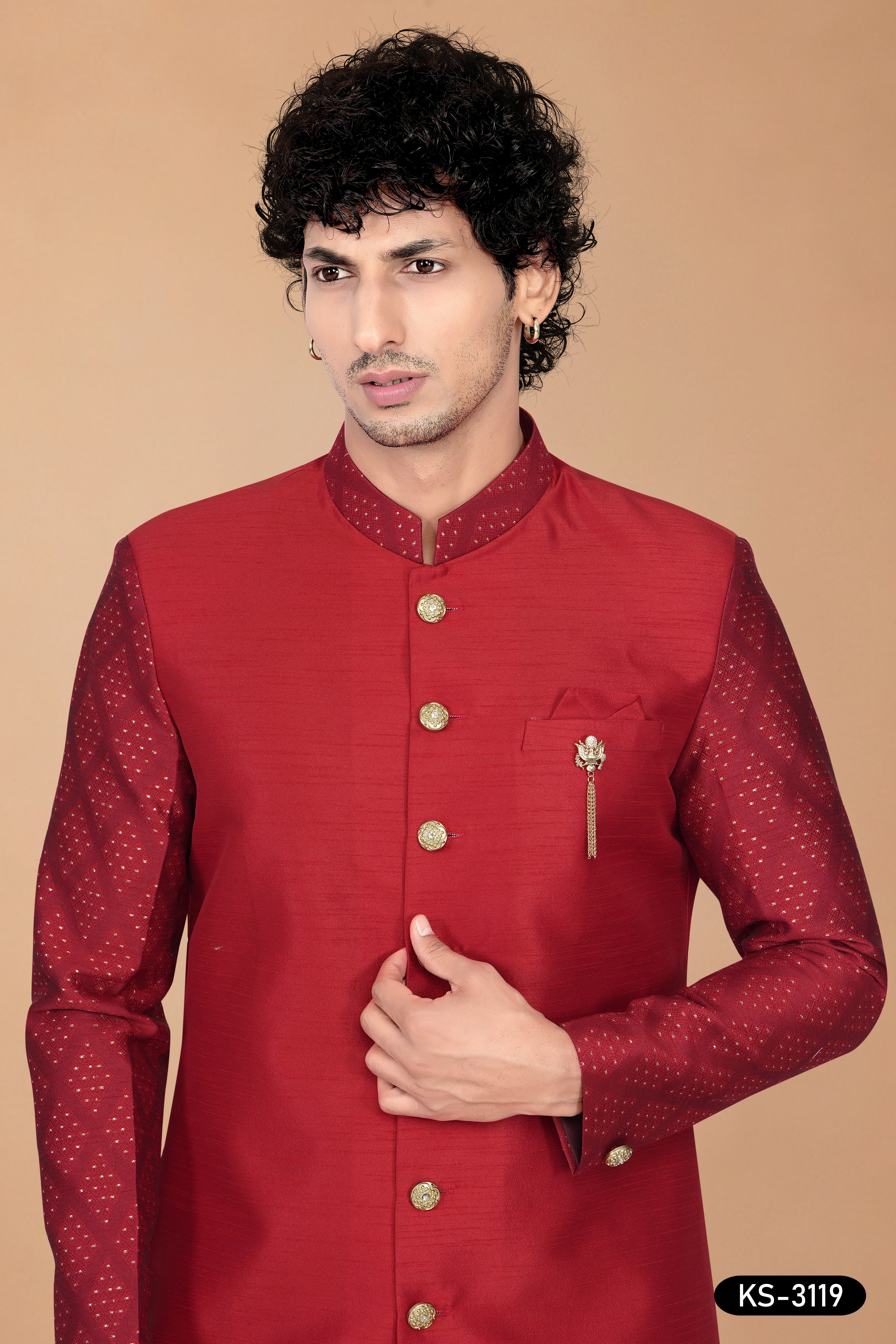 Red Silk Indo-Western Set with Designer Sleeves