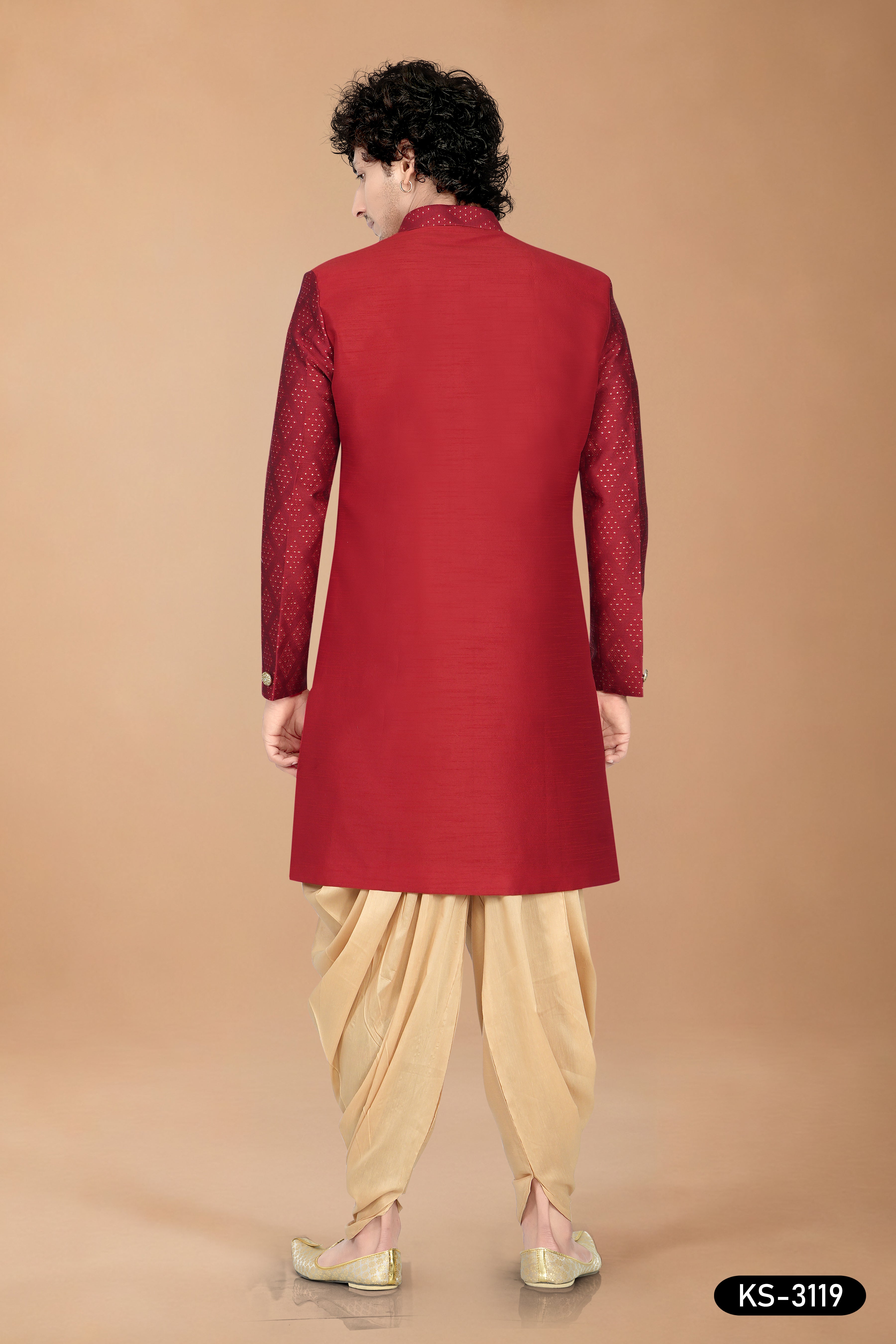 Red Silk Indo-Western Set with Designer Sleeves