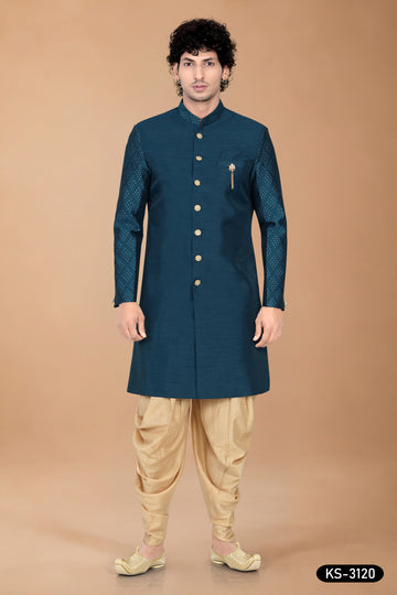 Blue Silk Indo-Western Set with Designer Sleeves