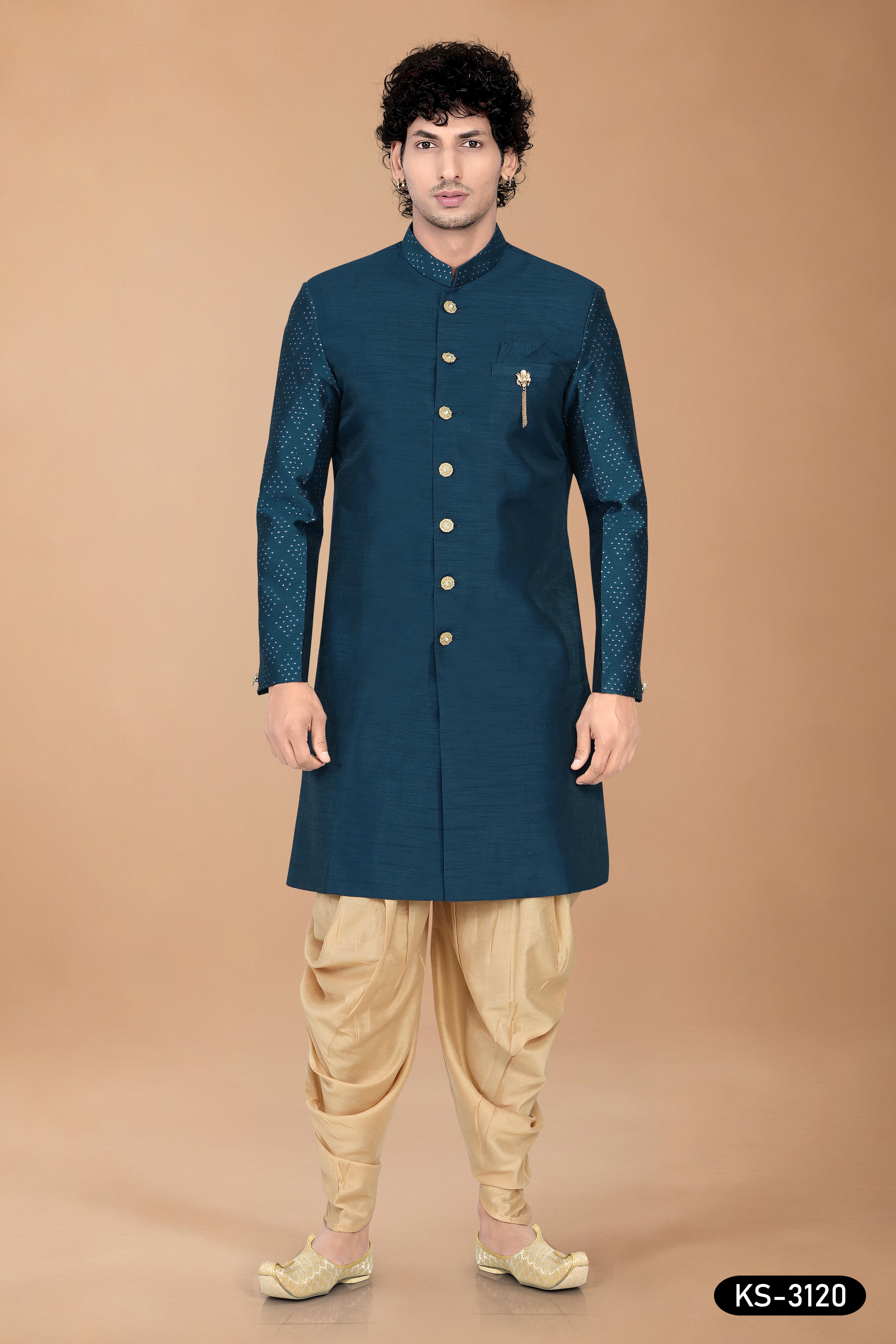 Blue Silk Indo-Western Set with Designer Sleeves