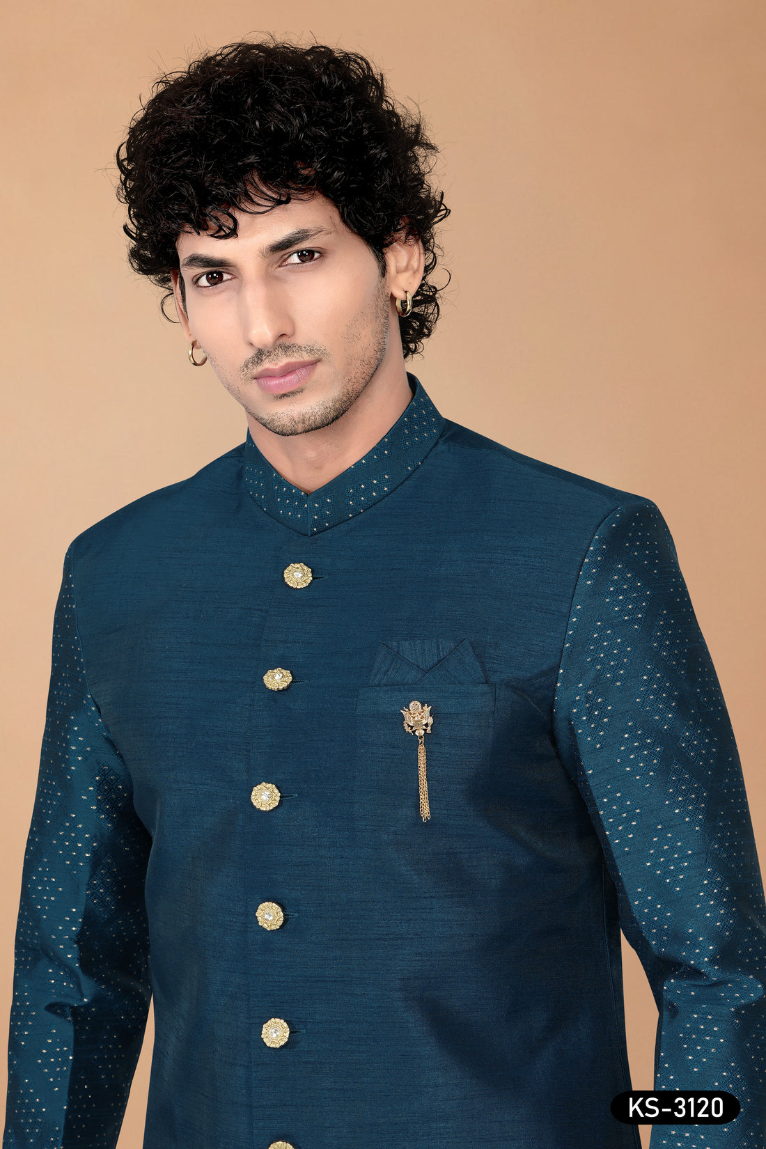 Blue Silk Indo-Western Set with Designer Sleeves