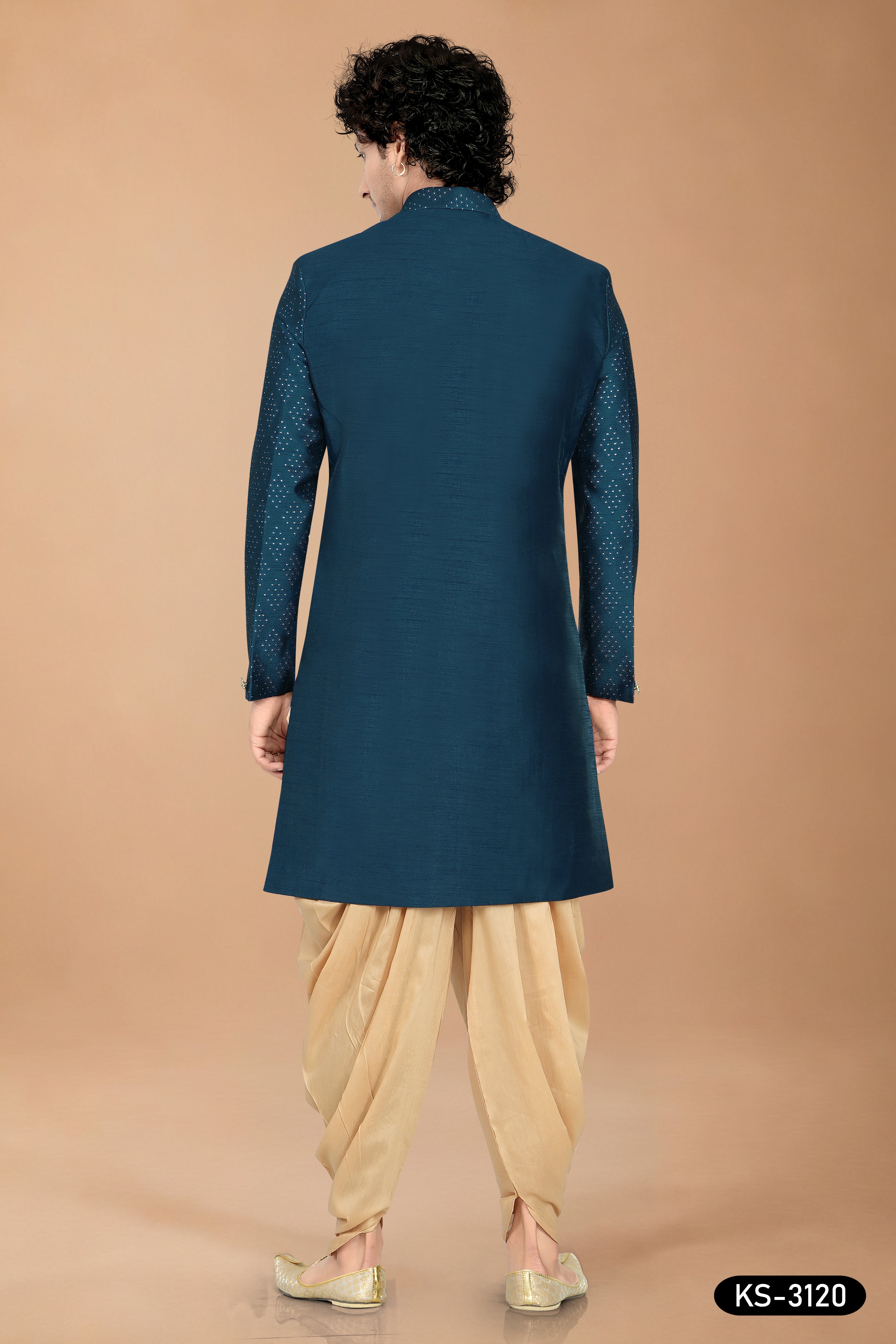 Blue Silk Indo-Western Set with Designer Sleeves