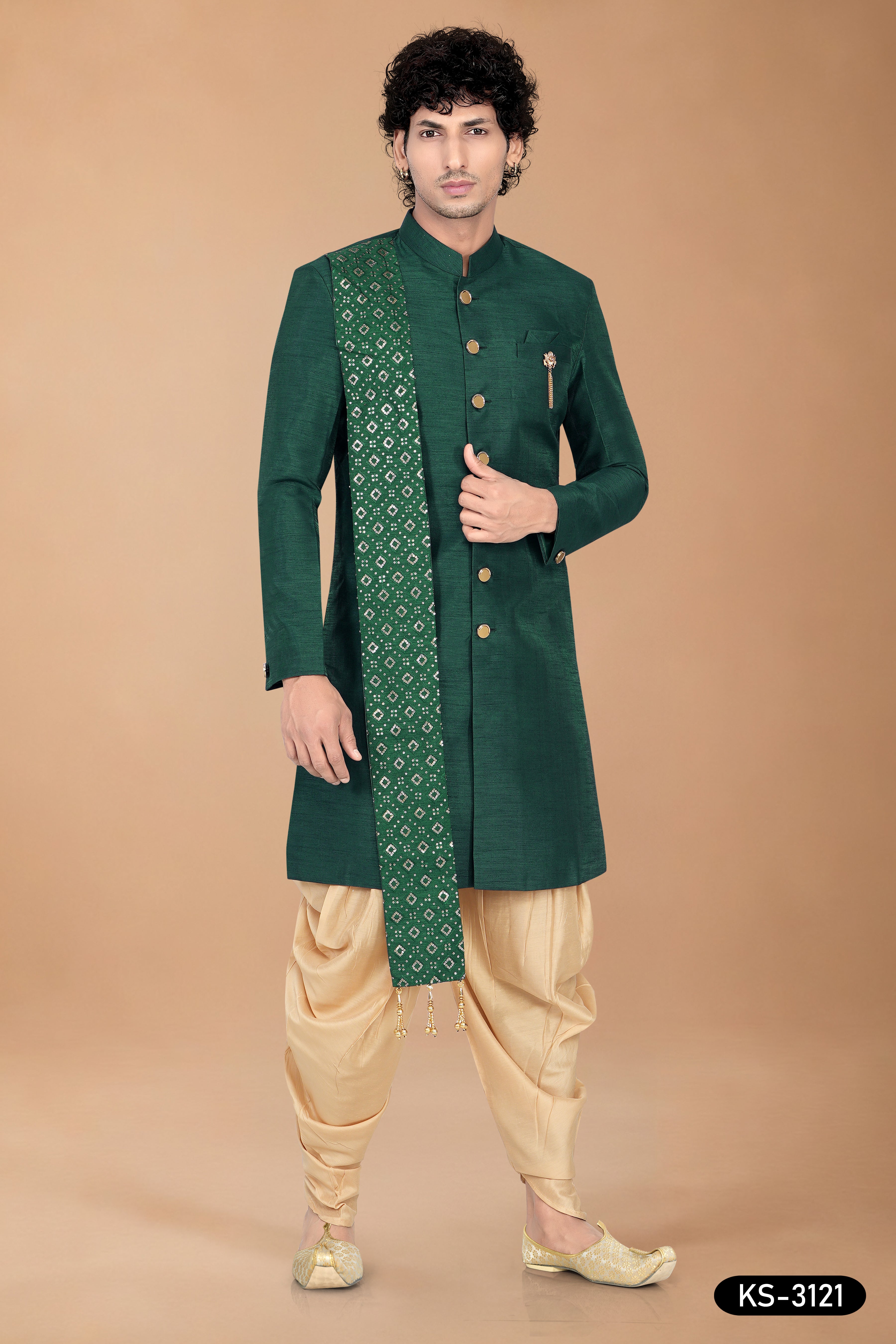 Men’s Green Silk Indo-Western Set with Designer Dupatta