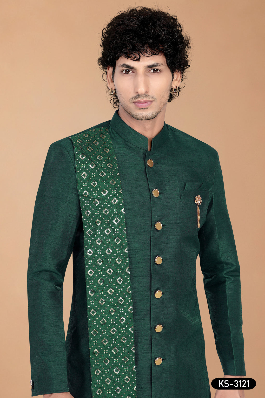Men’s Green Silk Indo-Western Set with Designer Dupatta