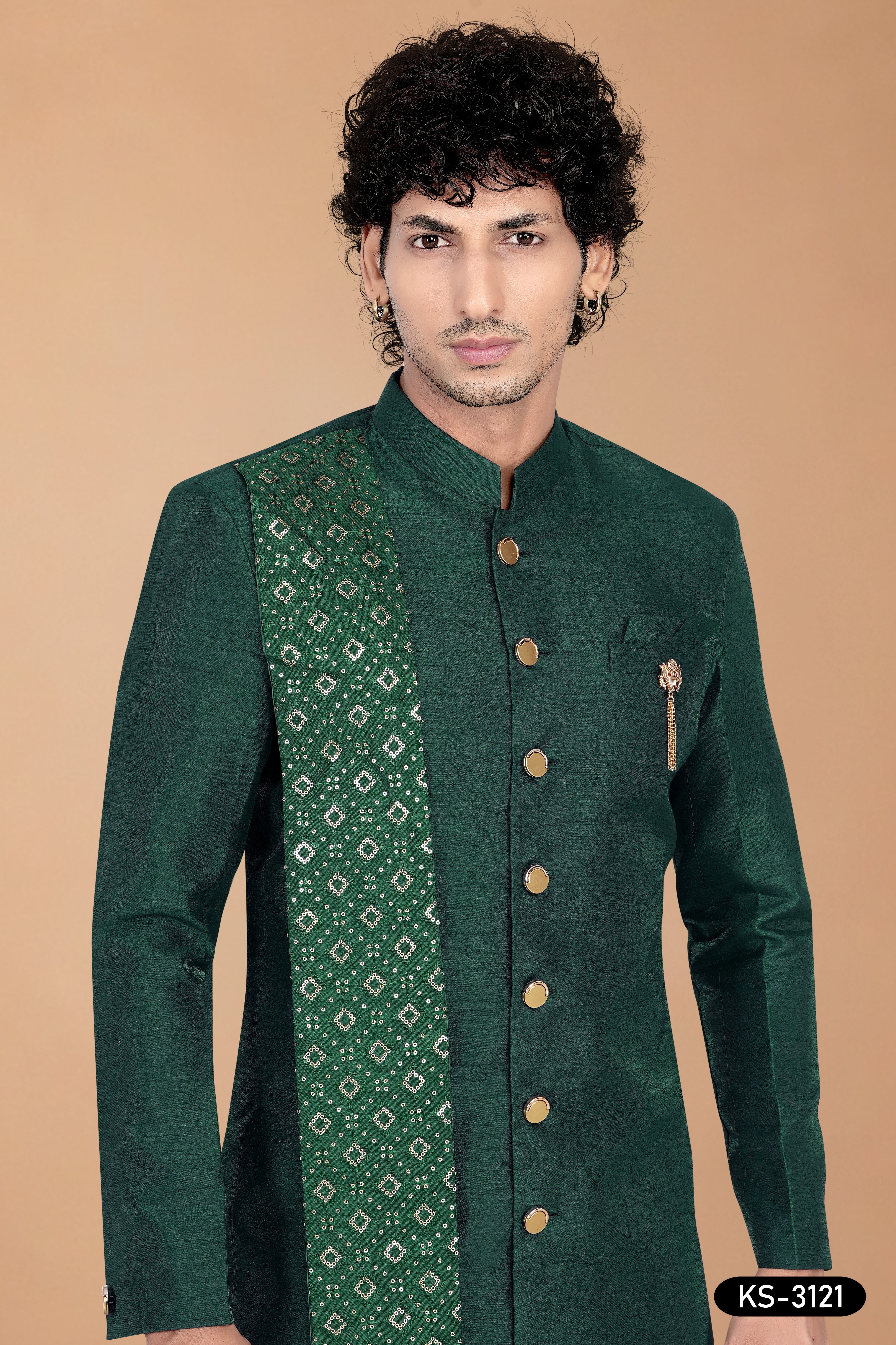 Men’s Green Silk Indo-Western Set with Designer Dupatta