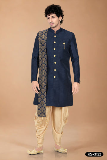 Men’s Navy-Blue Silk Indo-Western Set with Designer Dupatta