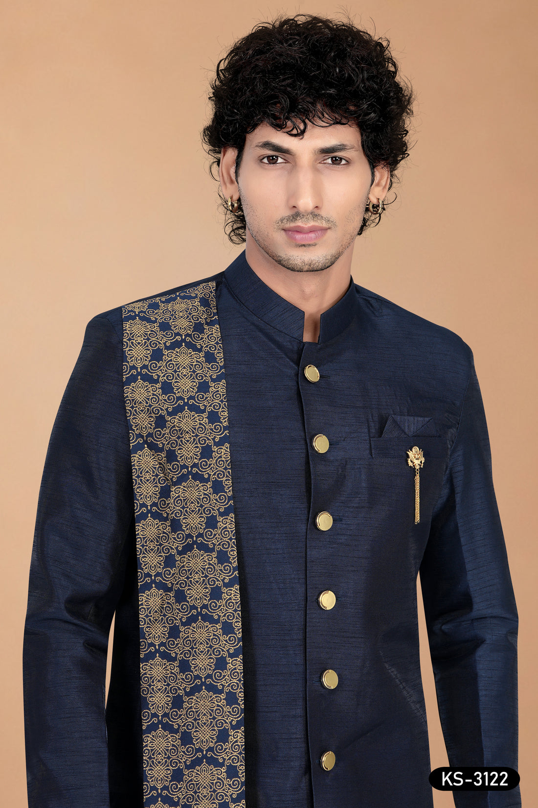 Men’s Navy-Blue Silk Indo-Western Set with Designer Dupatta