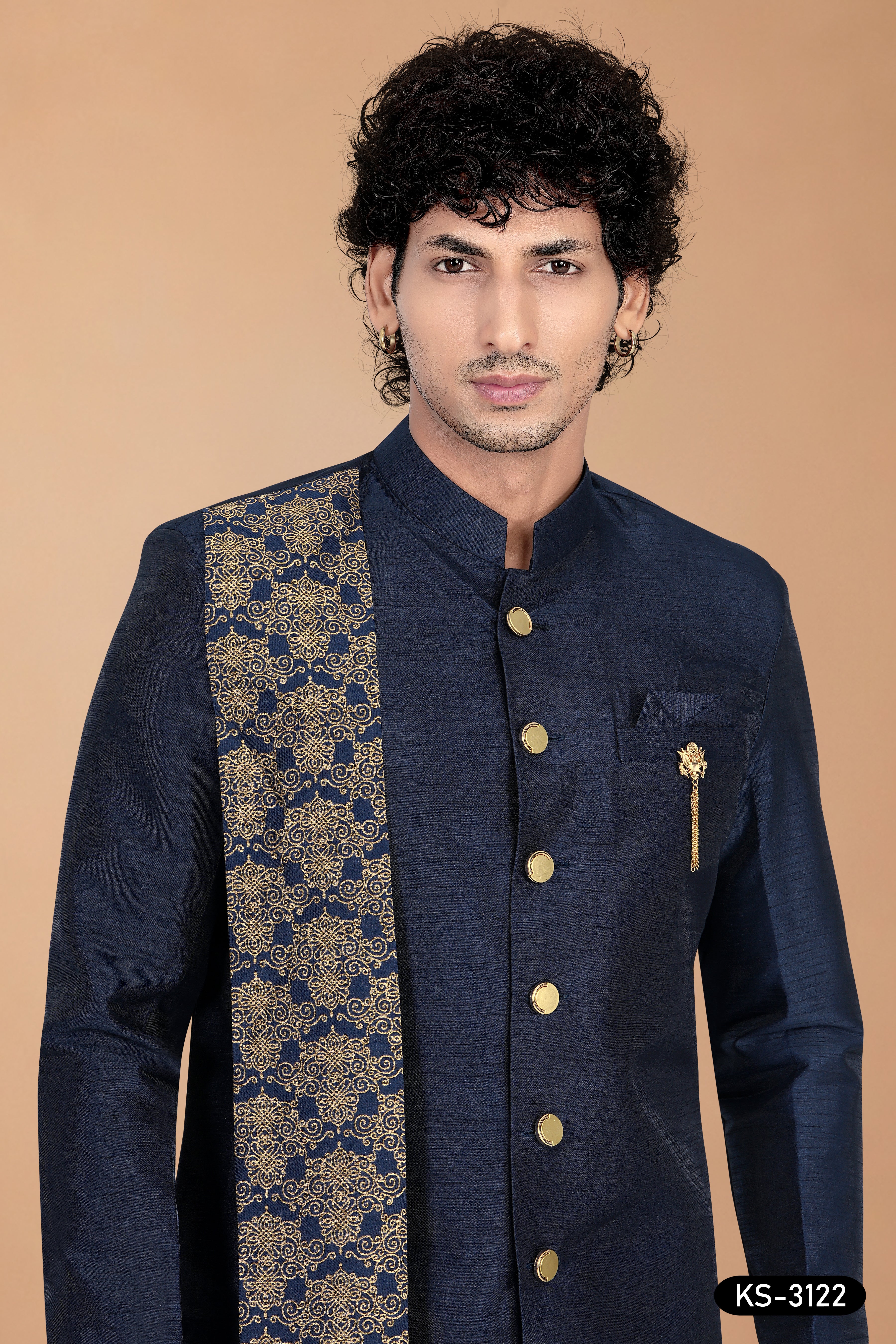 Men’s Navy-Blue Silk Indo-Western Set with Designer Dupatta