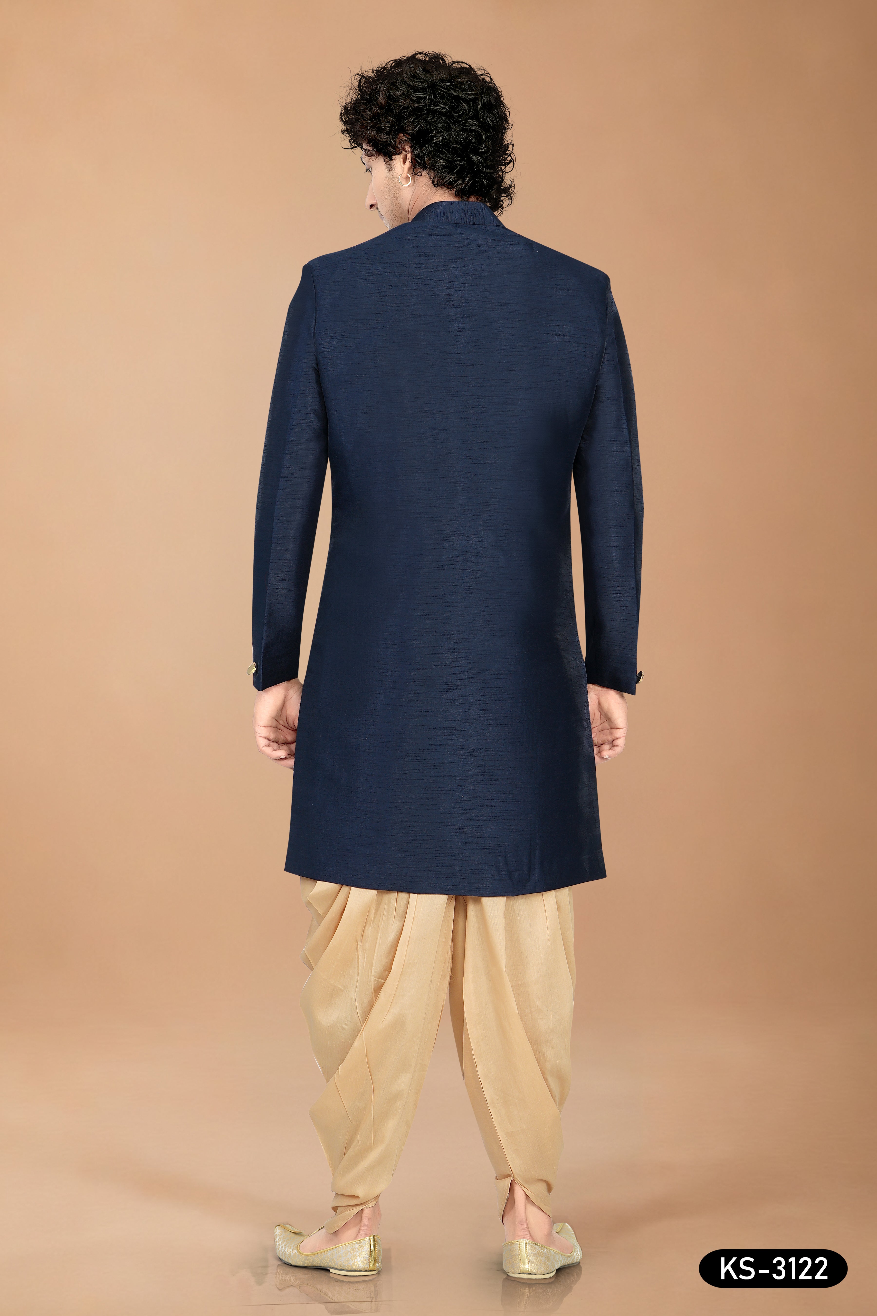 Men’s Navy-Blue Silk Indo-Western Set with Designer Dupatta