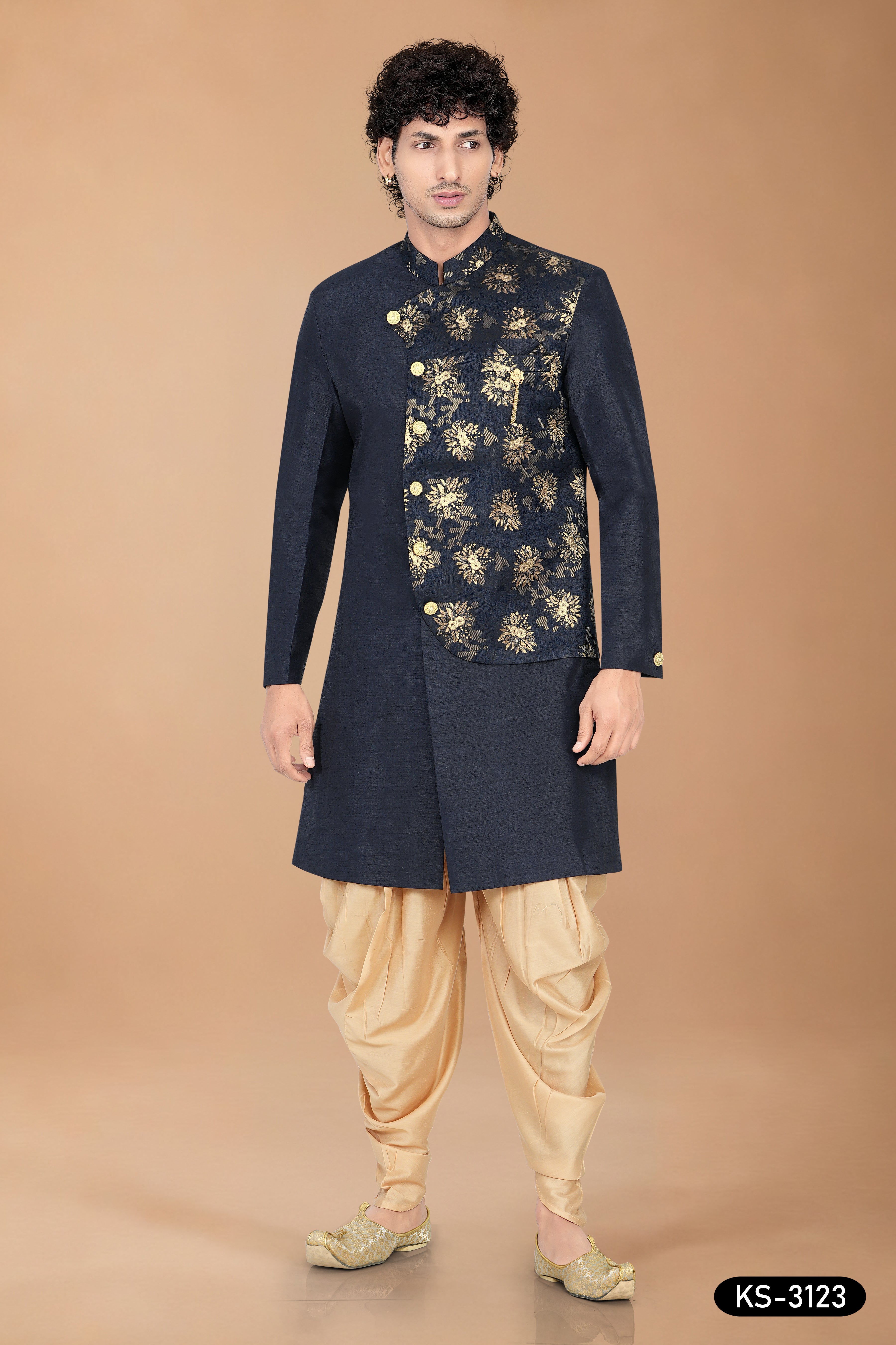Men’s Navy Blue Silk Indo-Western Set with Attached Floral Designer Jacket