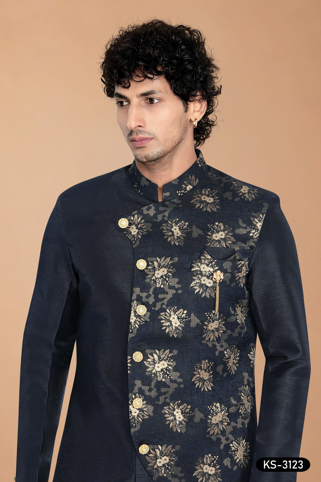 Men’s Navy Blue Silk Indo-Western Set with Attached Floral Designer Jacket