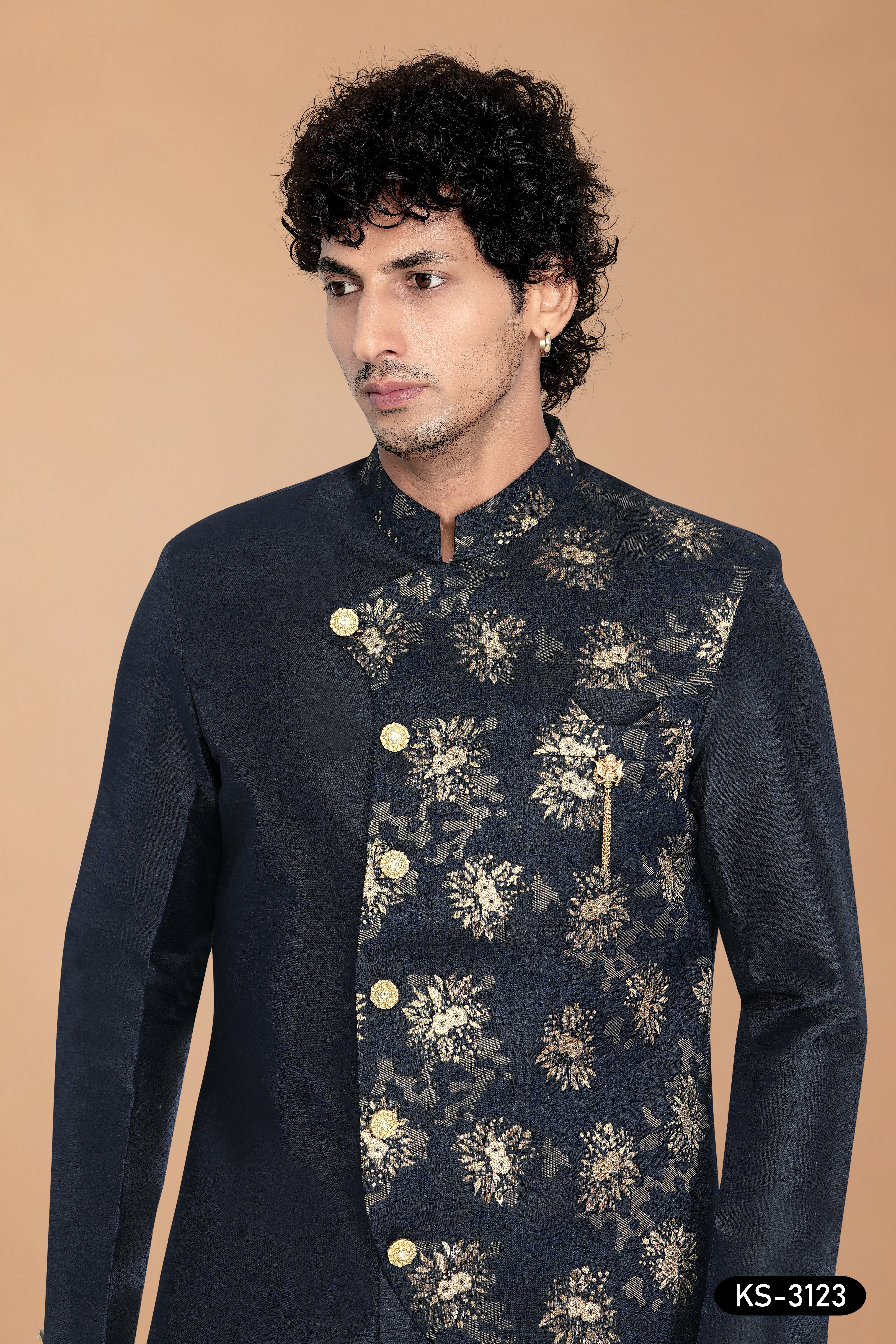Men’s Navy Blue Silk Indo-Western Set with Attached Floral Designer Jacket