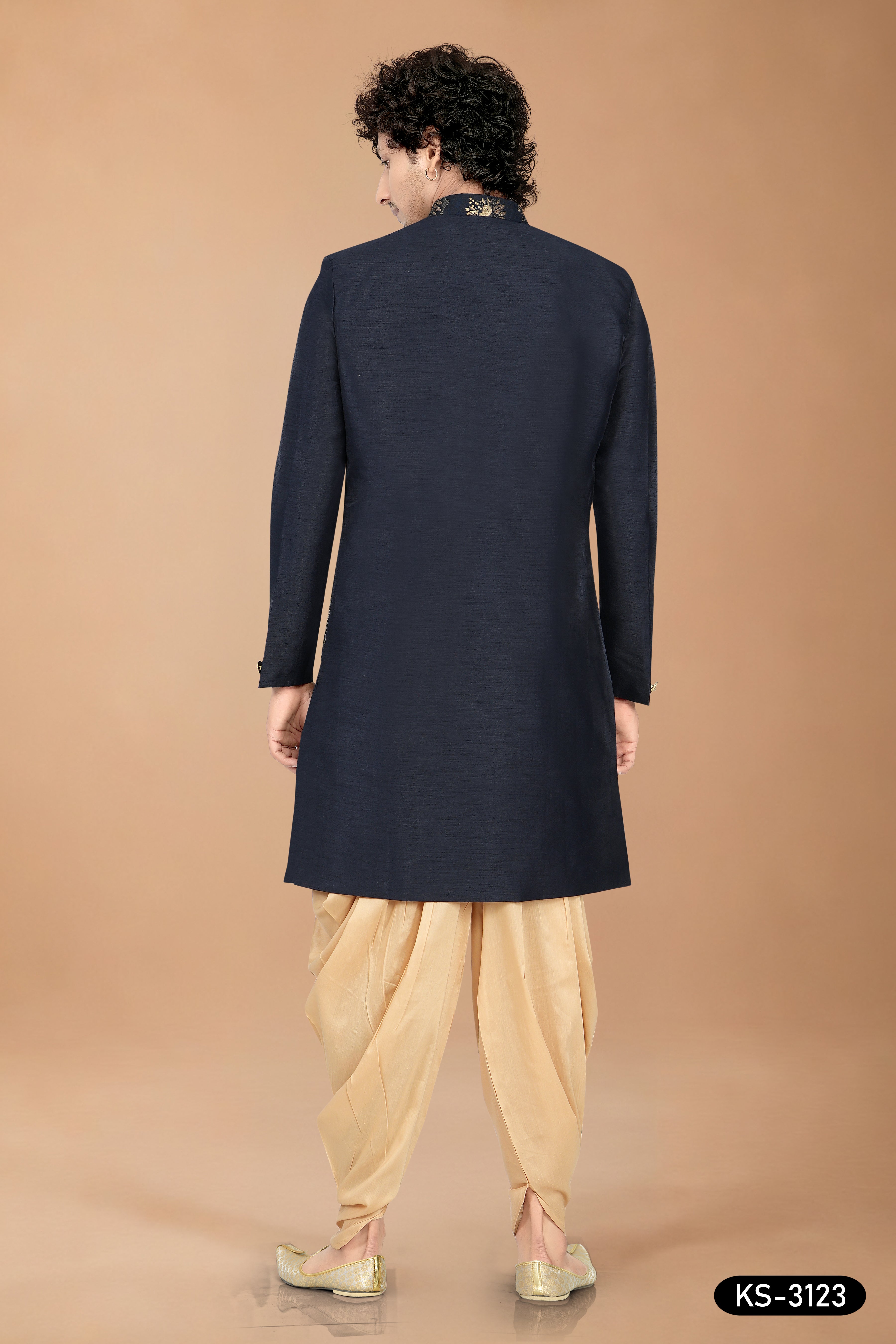 Men’s Navy Blue Silk Indo-Western Set with Attached Floral Designer Jacket