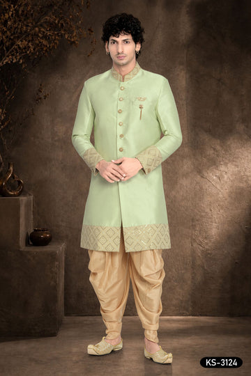 Men's Green Silk Indo-Western Set with Designer Patta & Silk Peshwari Pant