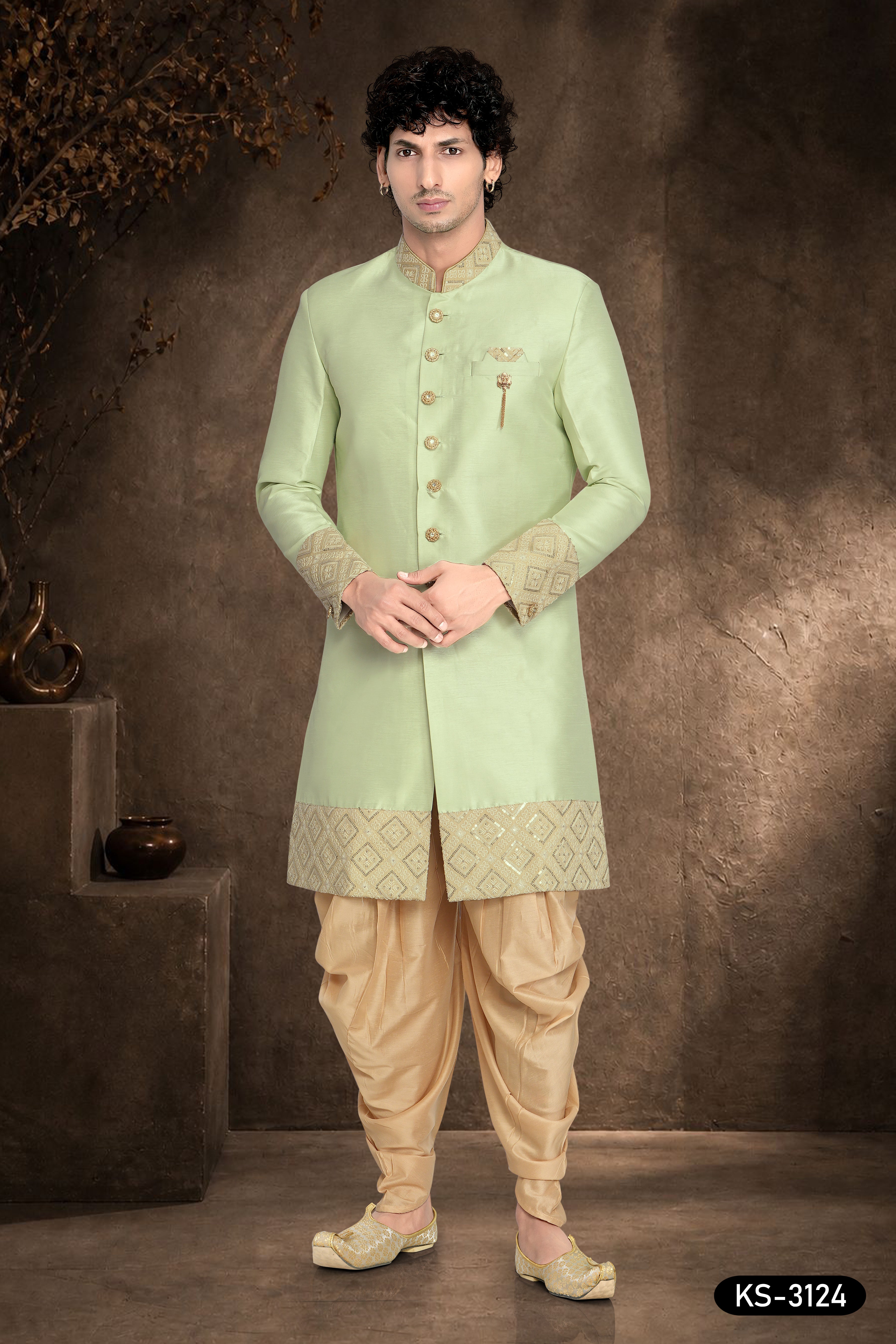 Men's Green Silk Indo-Western Set with Designer Patta & Silk Peshwari Pant