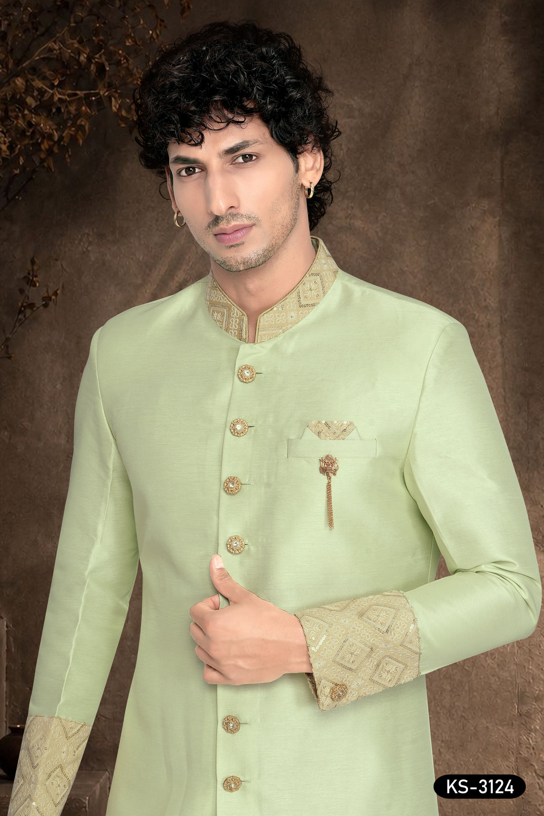 Men's Green Silk Indo-Western Set with Designer Patta & Silk Peshwari Pant