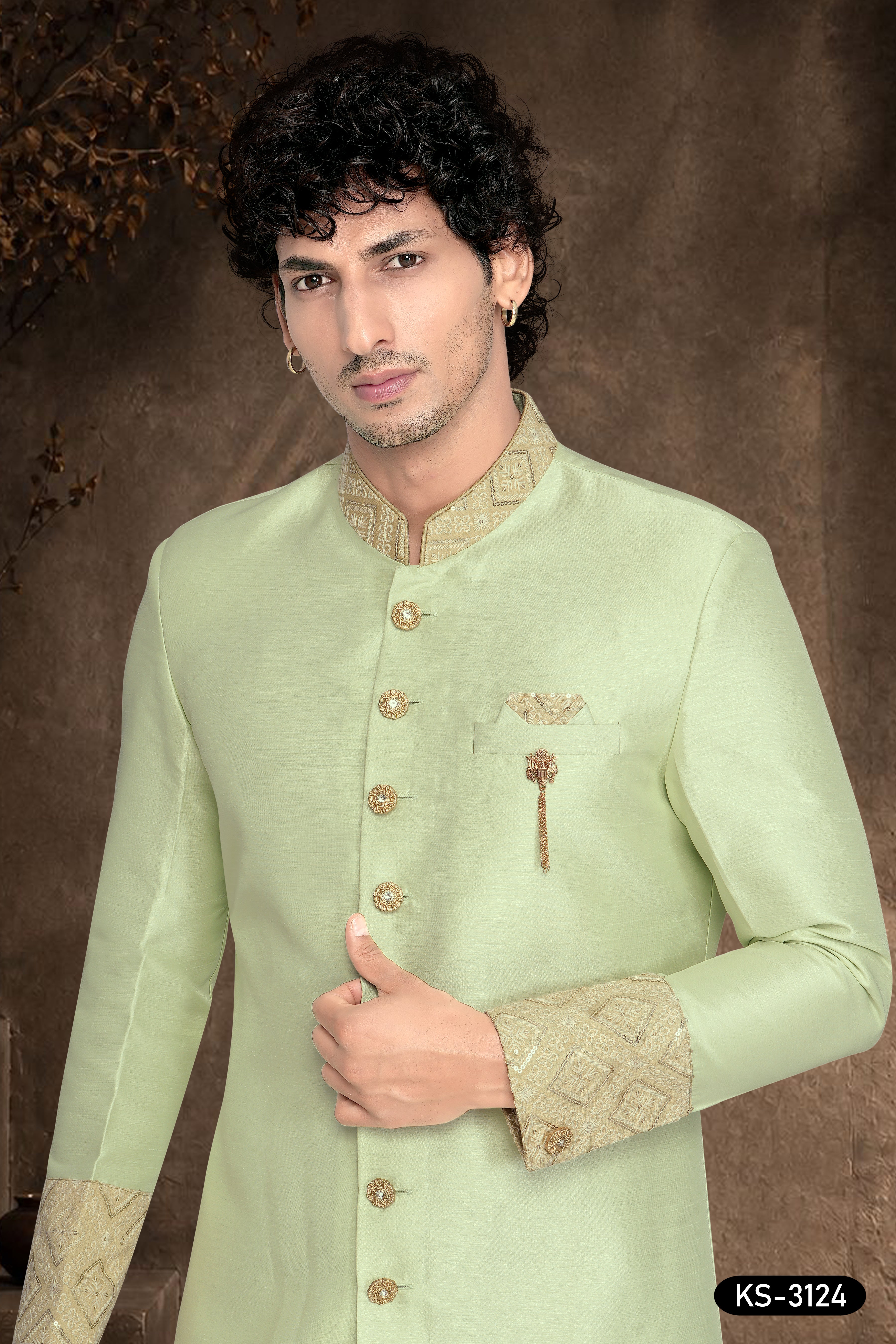 Men's Green Silk Indo-Western Set with Designer Patta & Silk Peshwari Pant