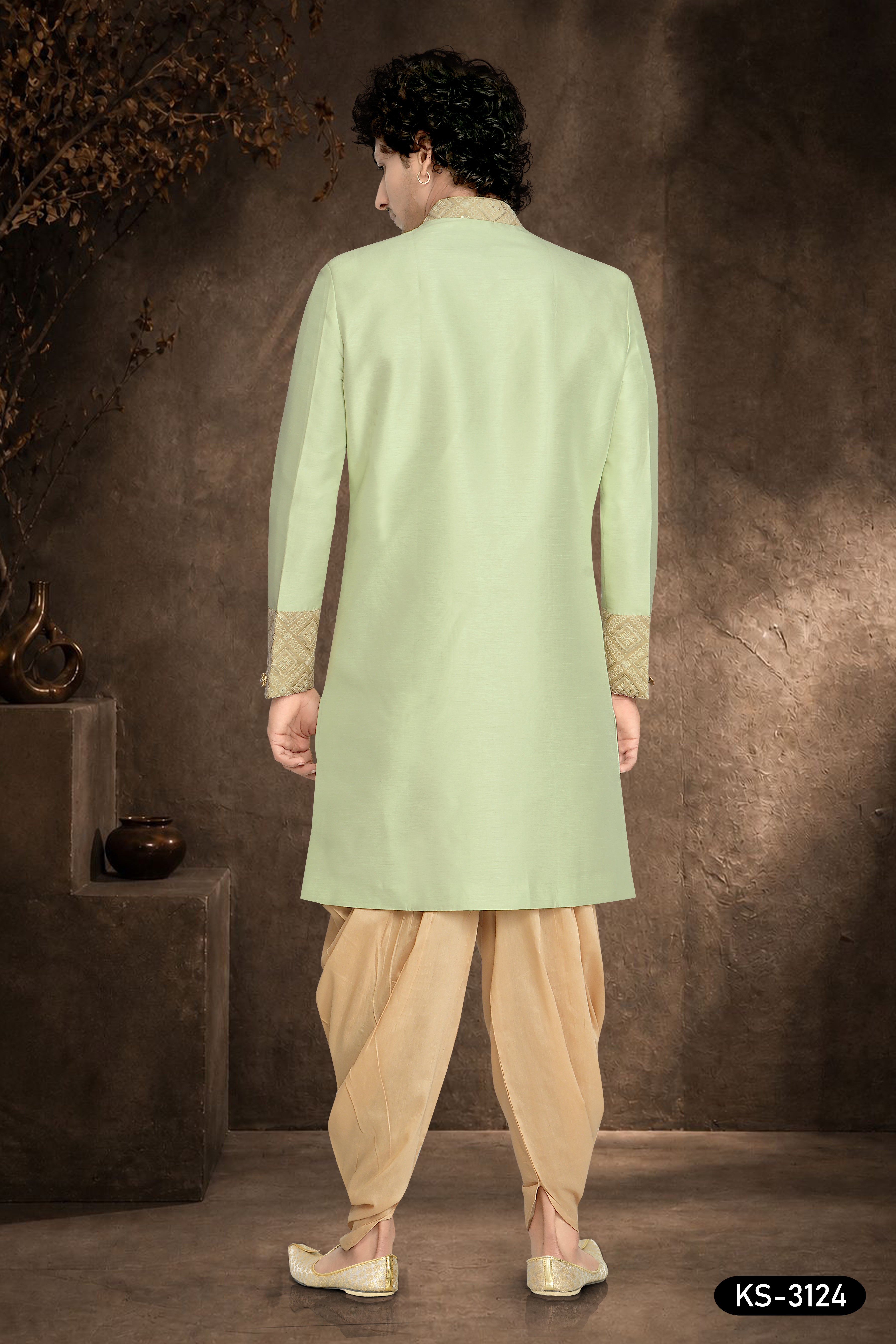 Men's Green Silk Indo-Western Set with Designer Patta & Silk Peshwari Pant