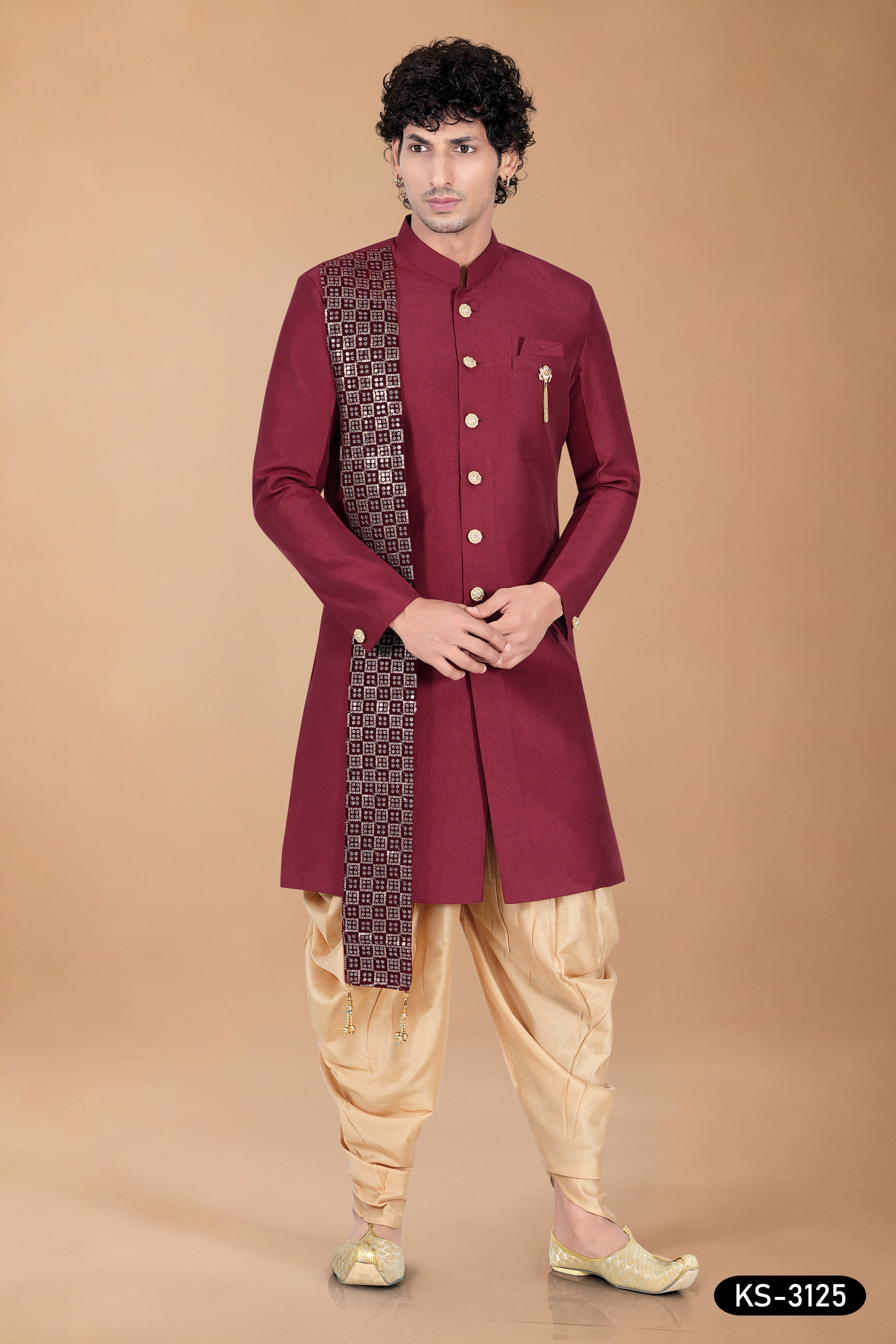 Men’s Maroon Silk Indo-Western Set with Designer Dupatta
