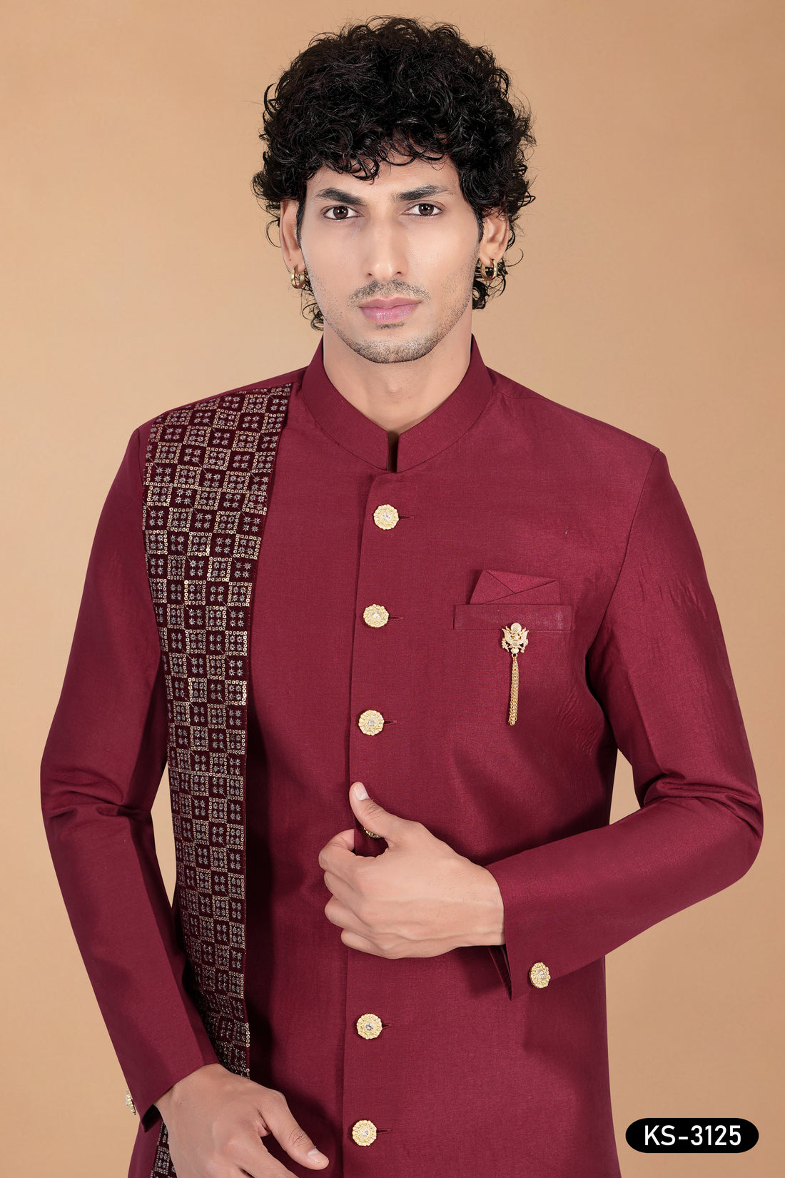 Men’s Maroon Silk Indo-Western Set with Designer Dupatta