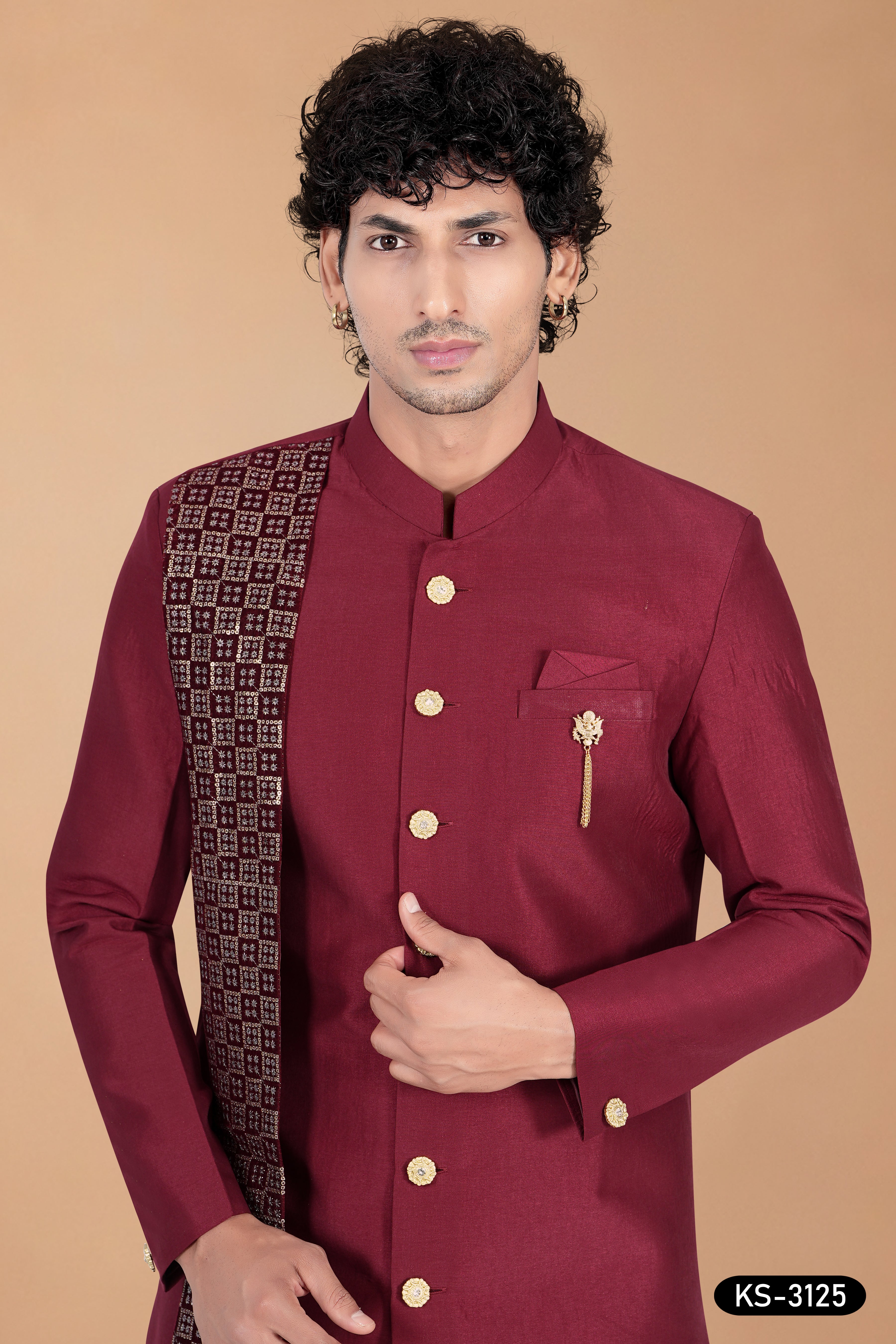 Men’s Maroon Silk Indo-Western Set with Designer Dupatta