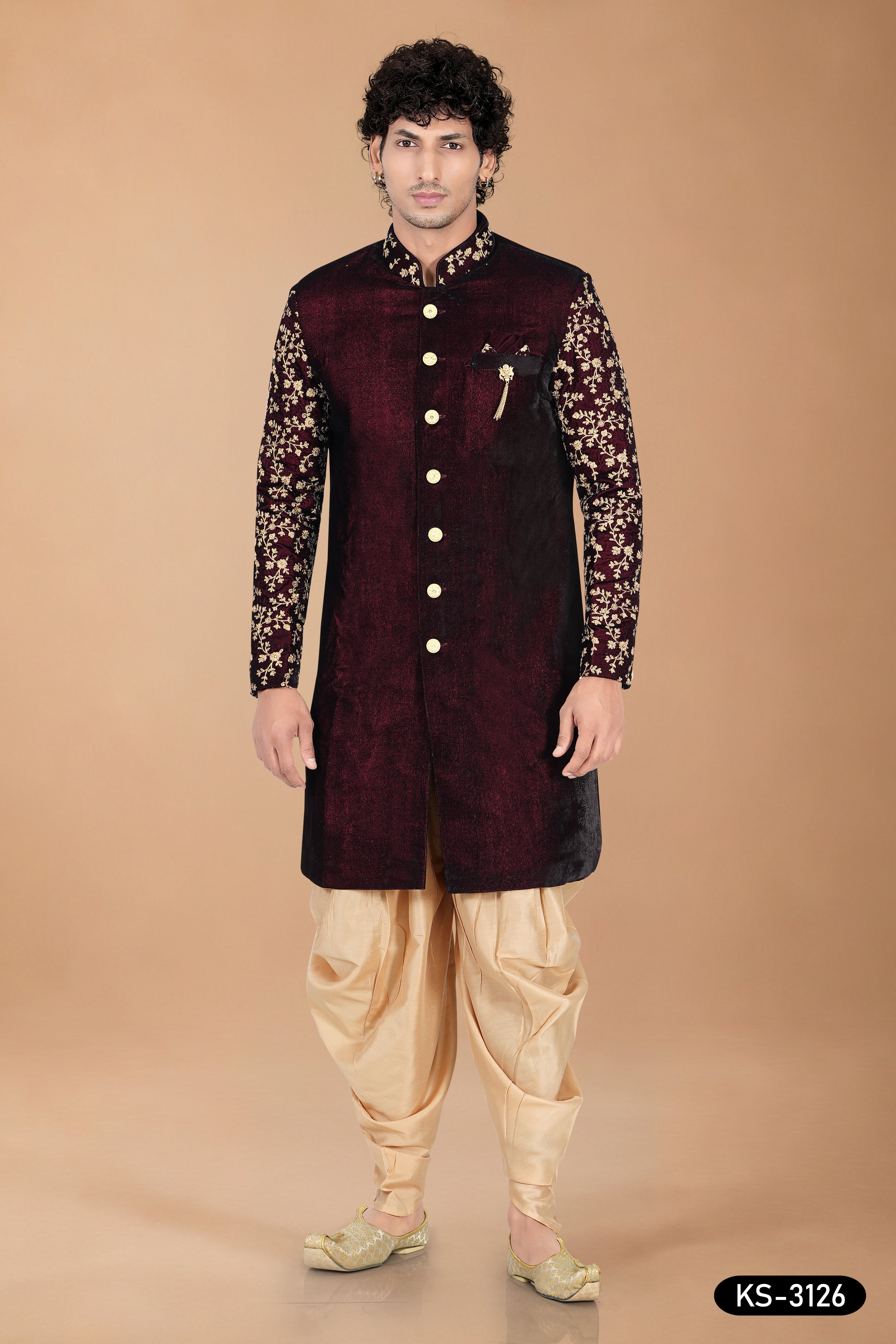 Maroon Silk Indo-Western Set with Designer Sleeves