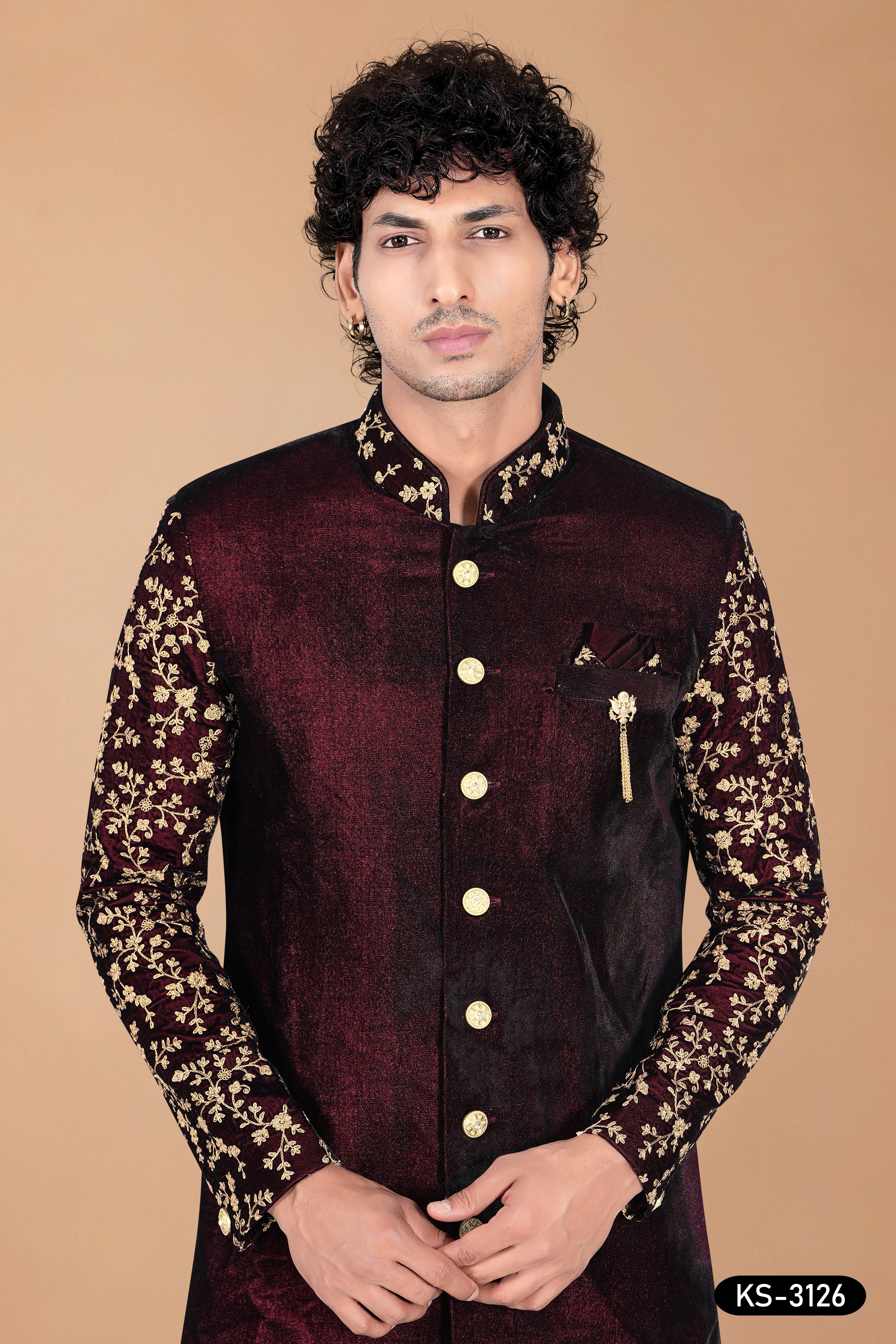 Maroon Silk Indo-Western Set with Designer Sleeves