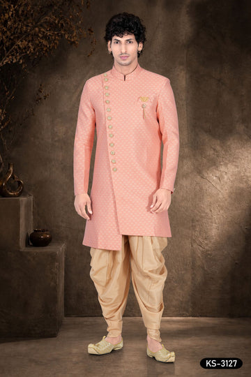 Men’s Blush Pink Jacquard Indo-Western Set with Self-Design