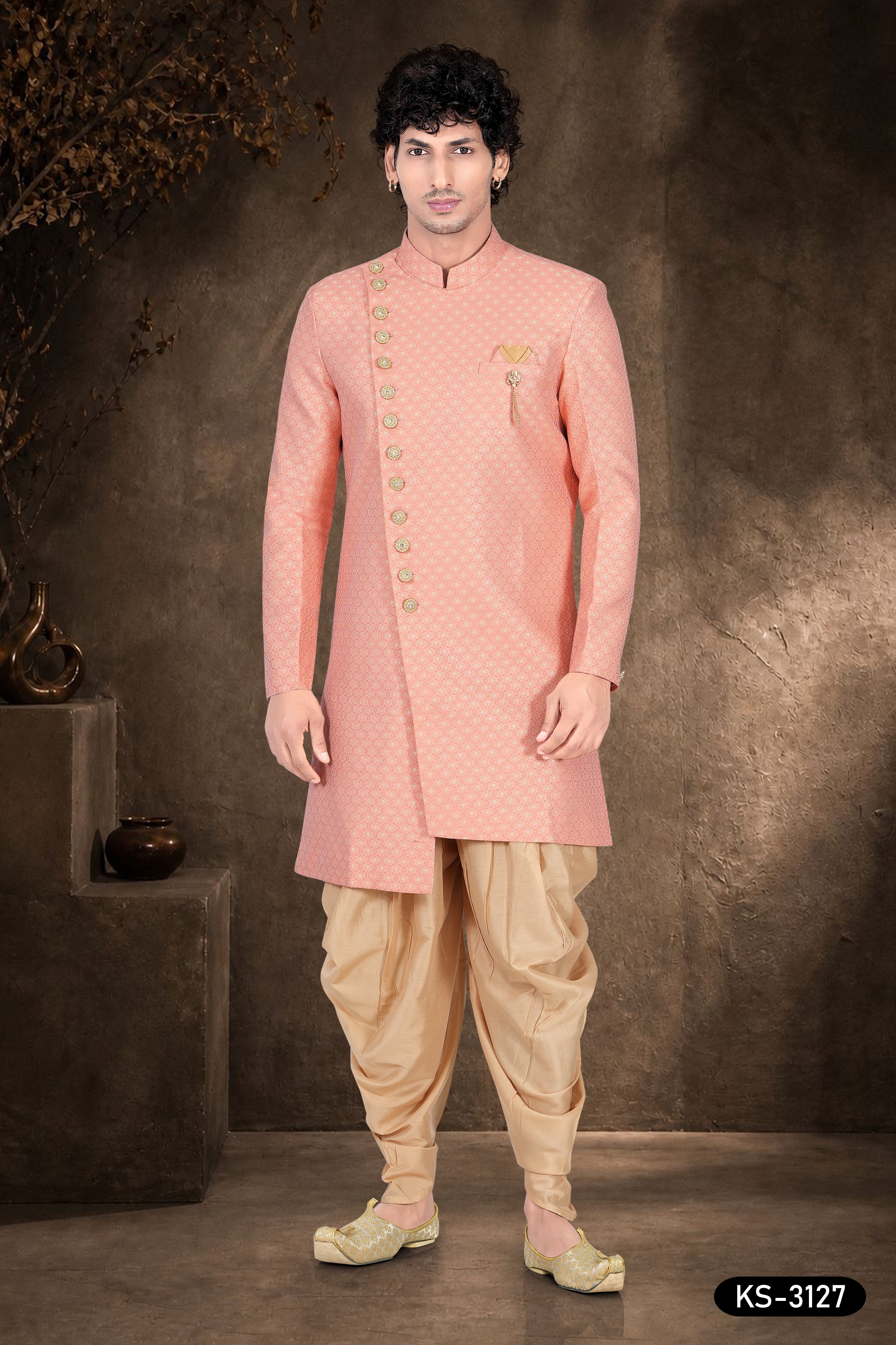 Men’s Blush Pink Jacquard Indo-Western Set with Self-Design