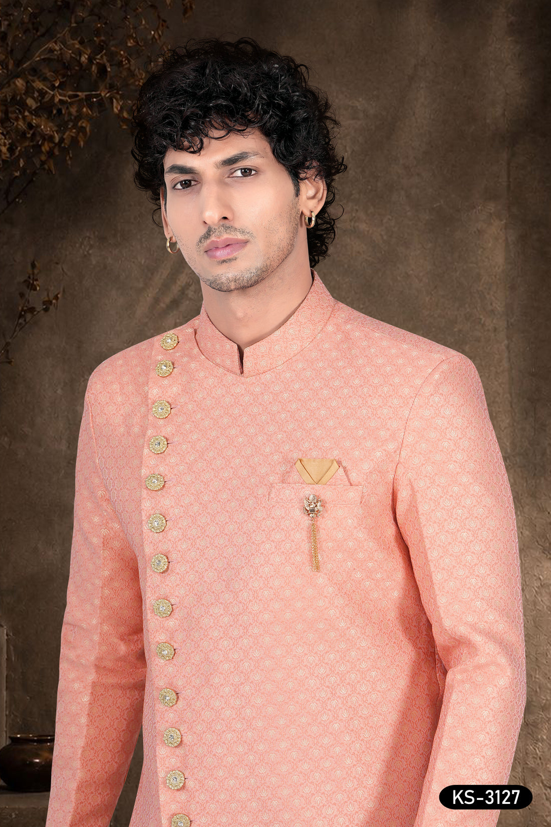 Men’s Blush Pink Jacquard Indo-Western Set with Self-Design