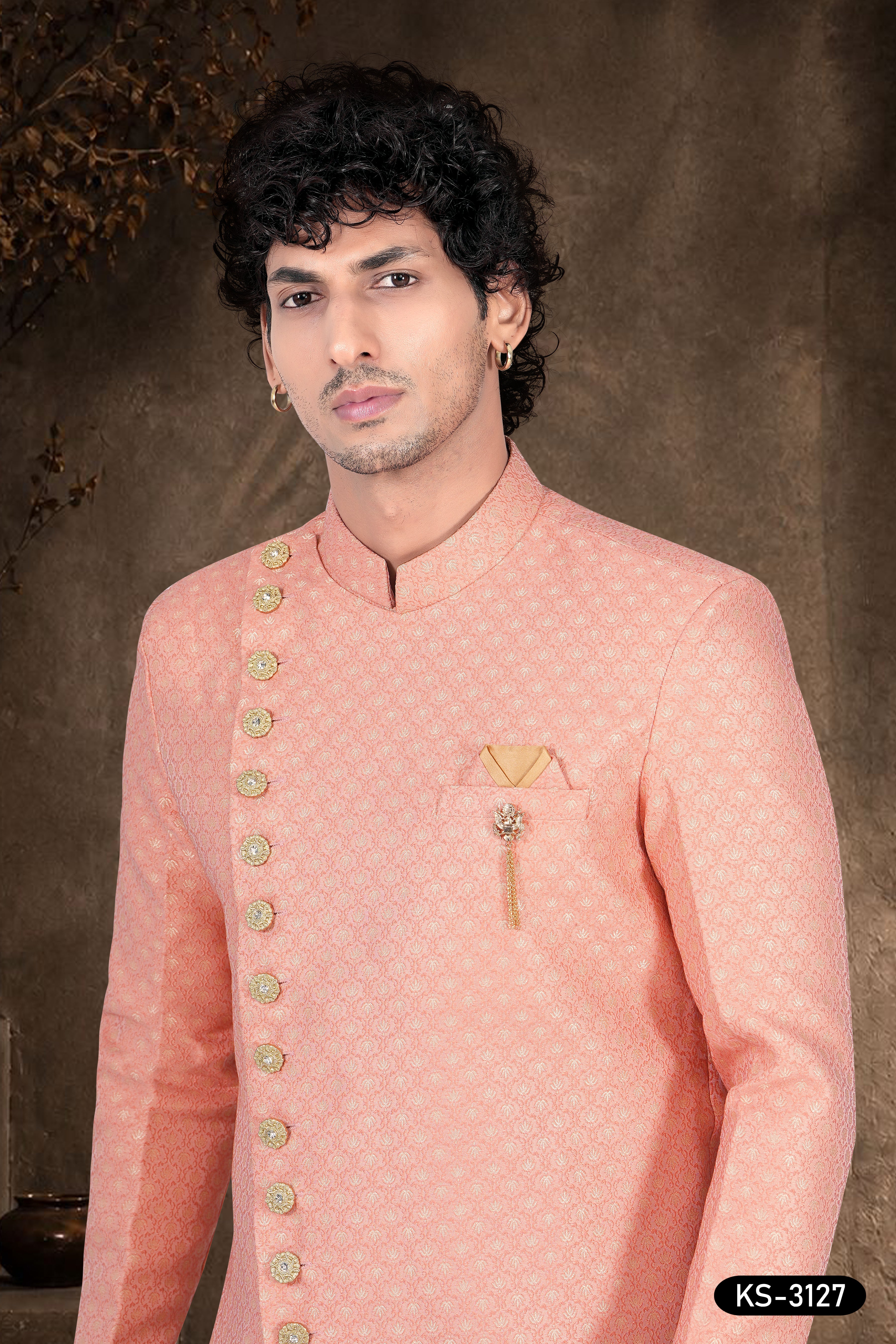 Men’s Blush Pink Jacquard Indo-Western Set with Self-Design