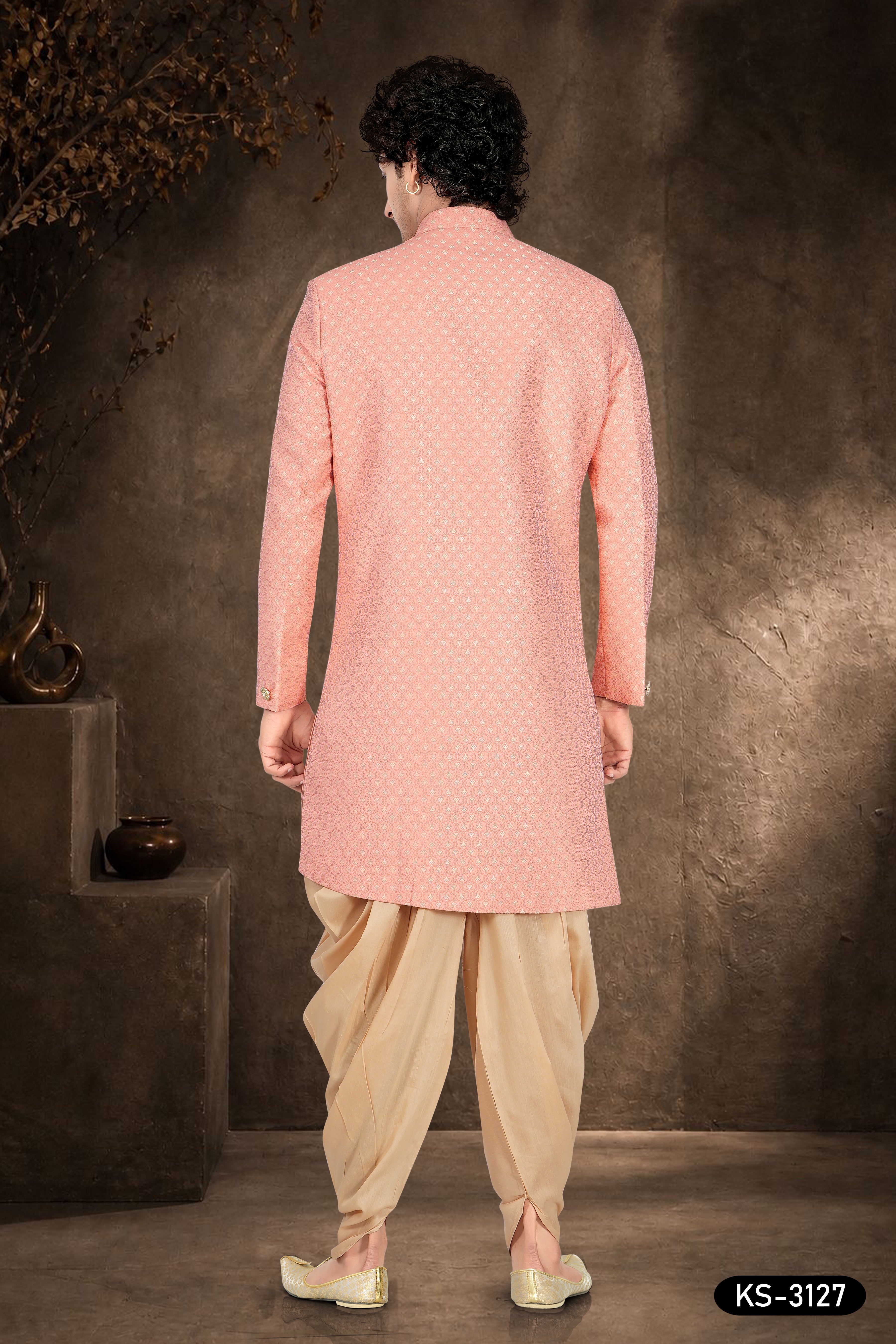 Men’s Blush Pink Jacquard Indo-Western Set with Self-Design